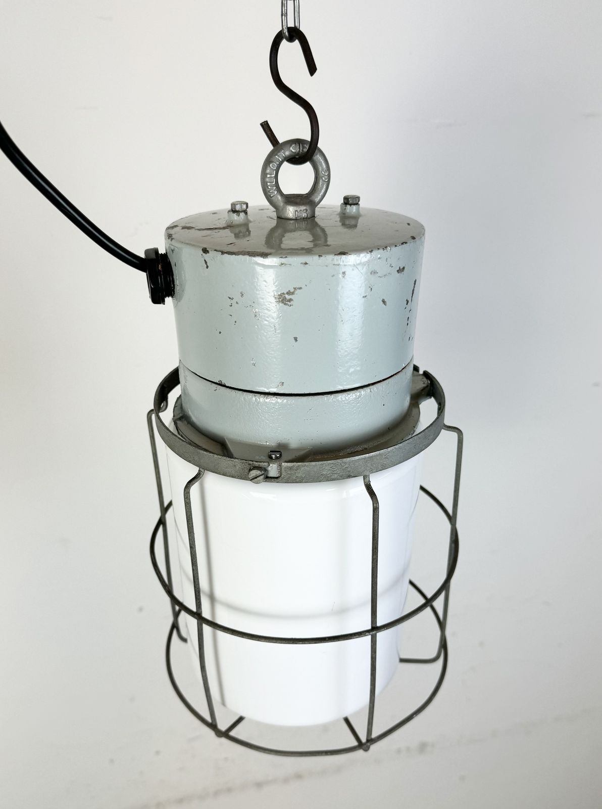 Industrial Aluminium Cage Light With Milk Glass From Elektrosvit, 1970s photo furniture