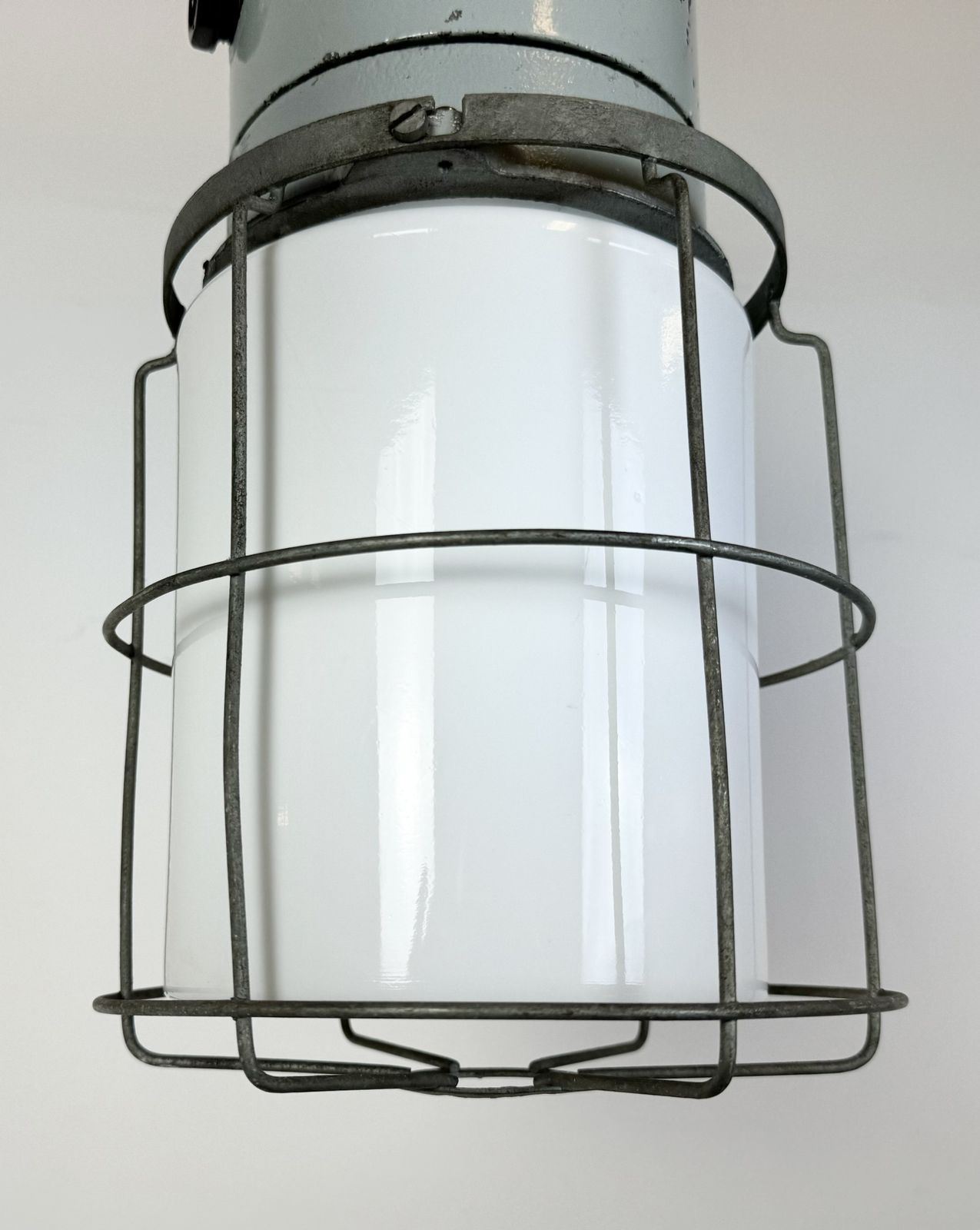 Industrial Aluminium Cage Light With Milk Glass From Elektrosvit, 1970s photo vinterior