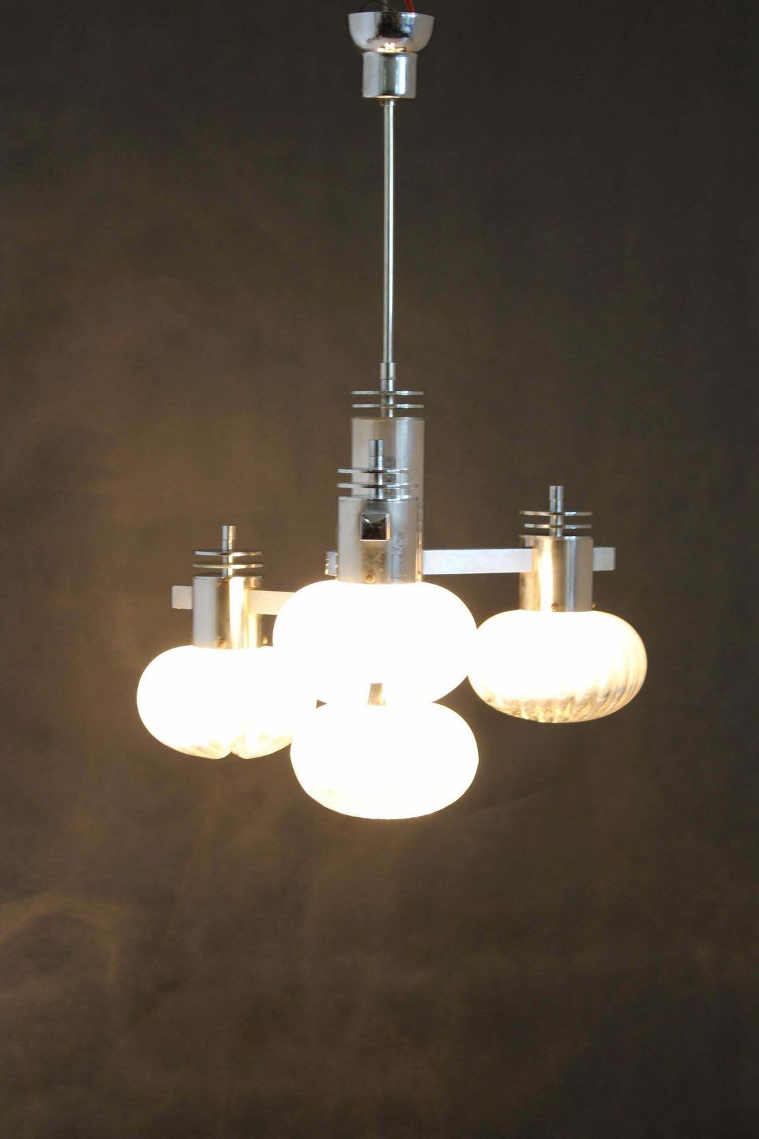 photo vinterior 1970s Chrome Plated Chandelier With Murano Glass , Italy