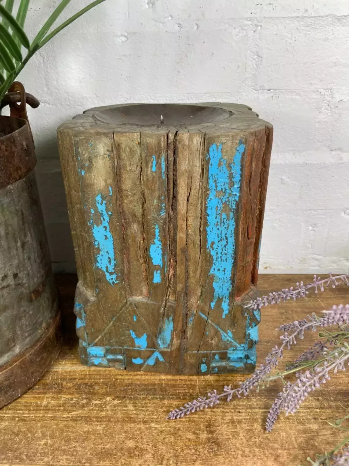 Vintage Reclaimed Hand Carved Indian Wooden Pillar Base Candle Holder Plinth photo furniture