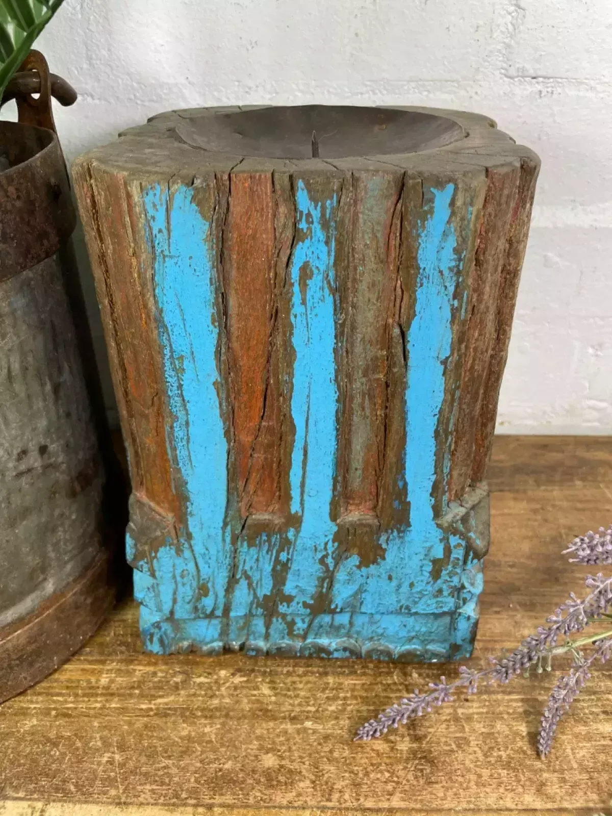 Vintage Reclaimed Hand Carved Indian Wooden Pillar Base Candle Holder Plinth photo vinterior