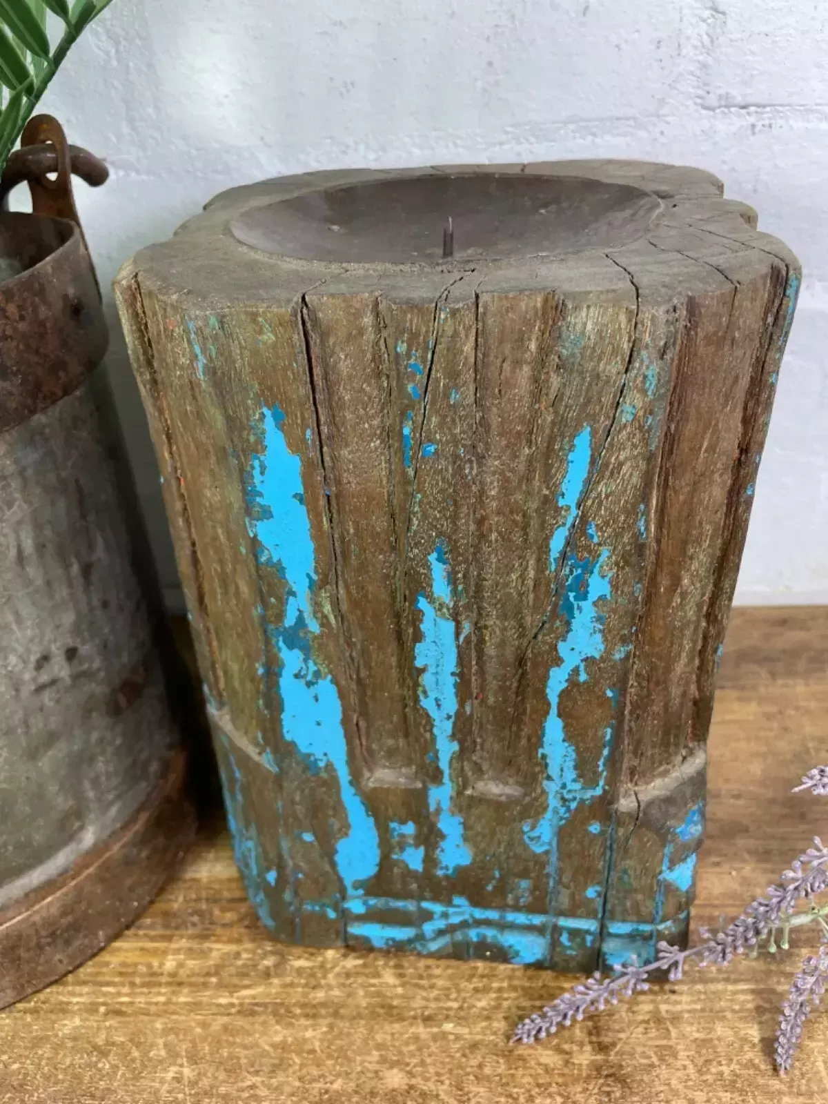 Vintage Reclaimed Hand Carved Indian Wooden Pillar Base Candle Holder Plinth photo vintage