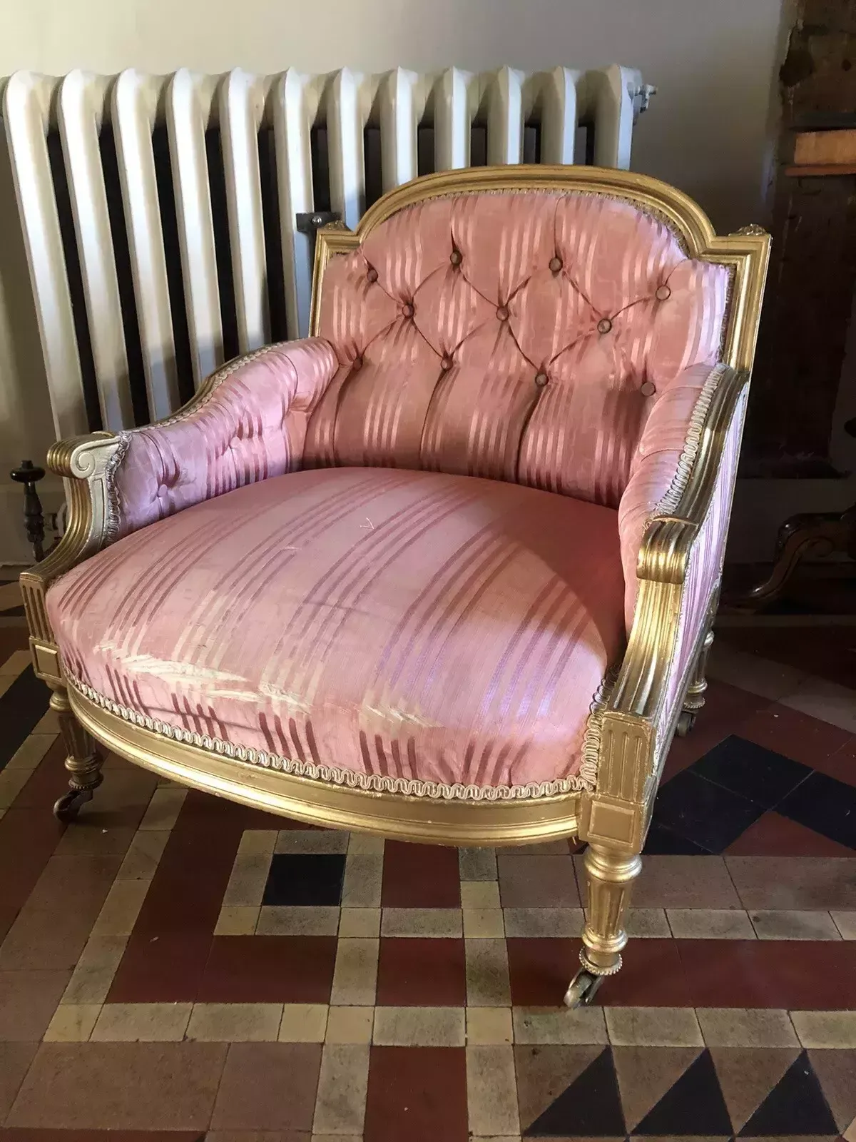 Antique Small Childrens Dog Bed Pink Gold Throne Tub Chair photo for sale