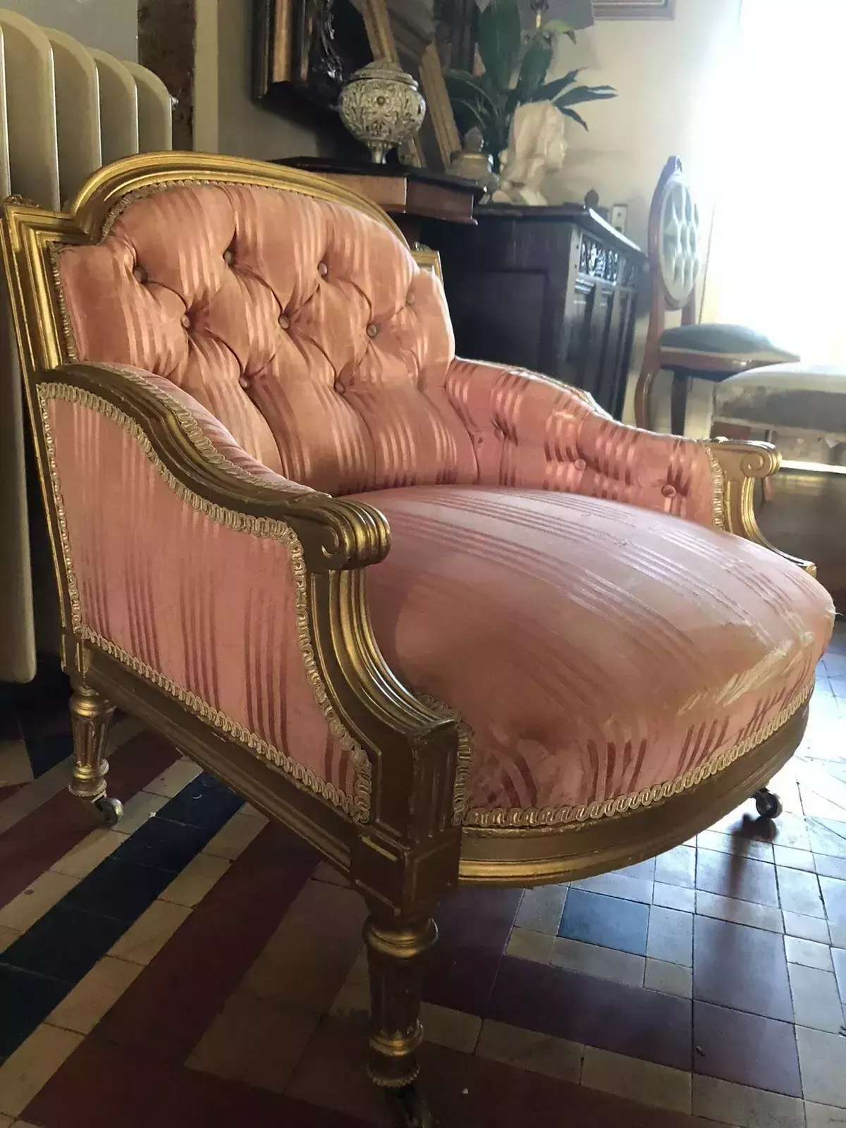 Furniture Antique Small Childrens Dog Bed Pink Gold Throne Tub Chair photo