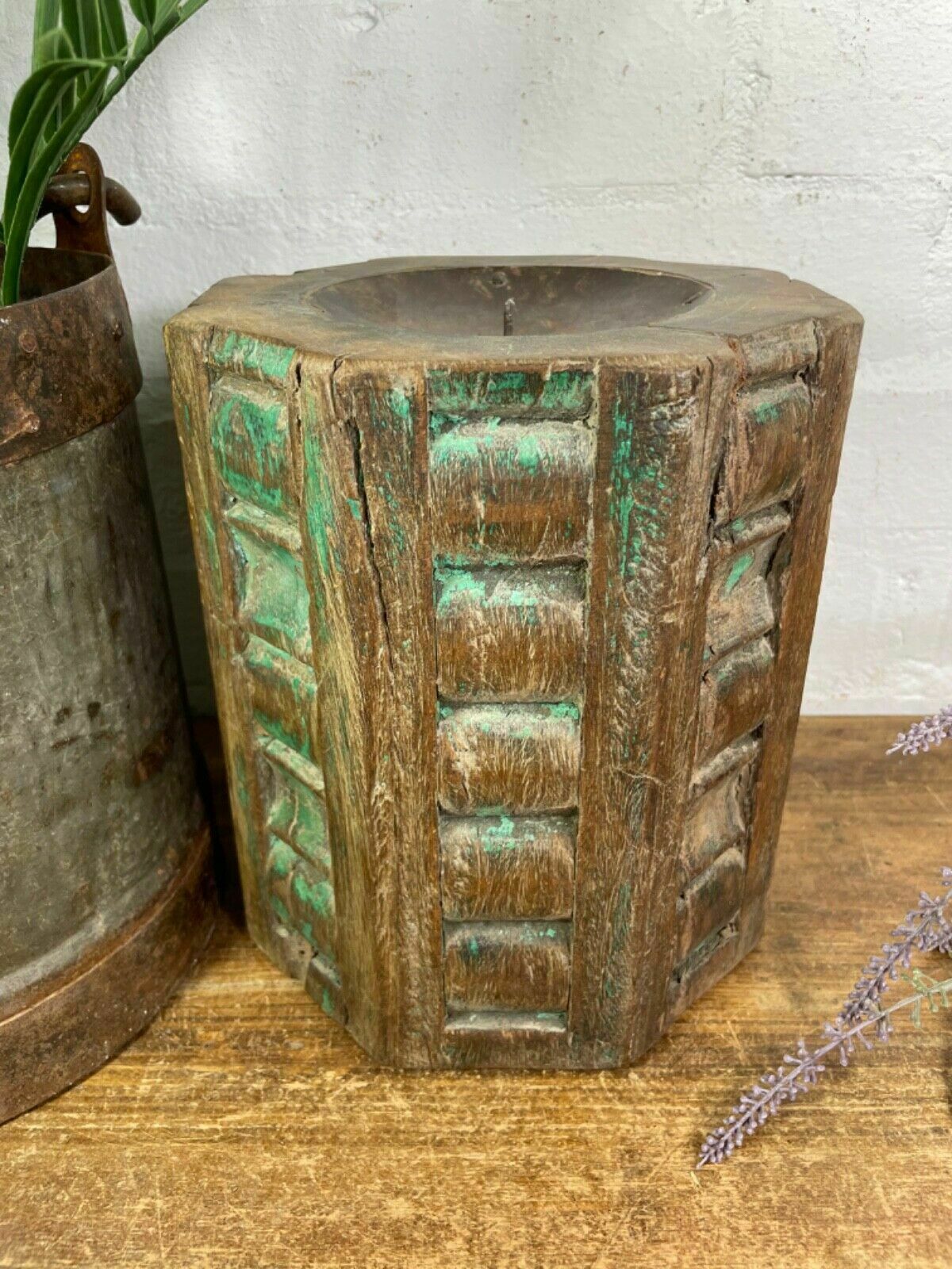 Vintage Reclaimed Hand Carved Indian Wooden Pillar Base Candle Holder Plinth photo 60.0