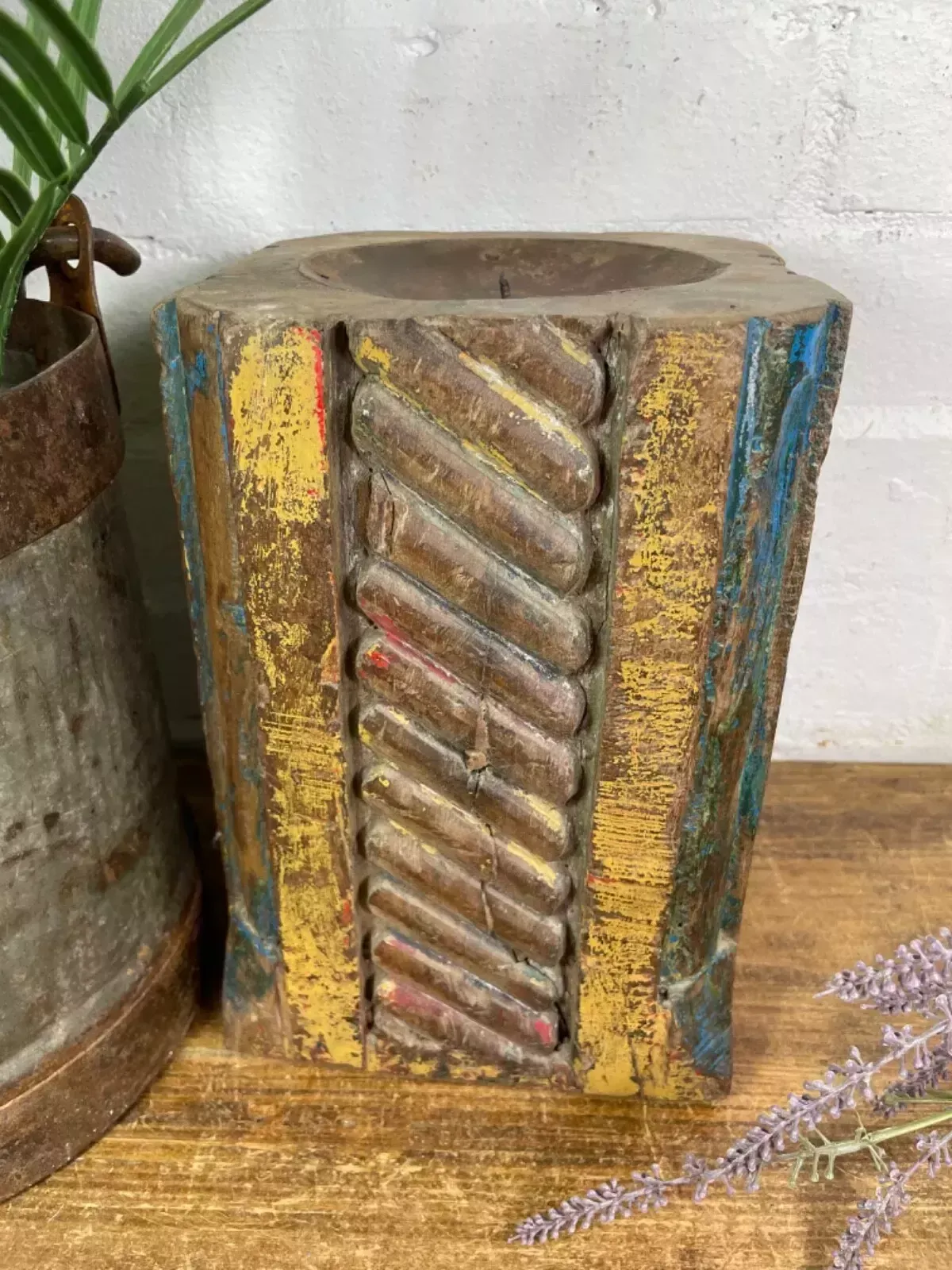 Vintage Reclaimed Hand Carved Indian Wooden Pillar Base Candle Holder Plinth photo vintage