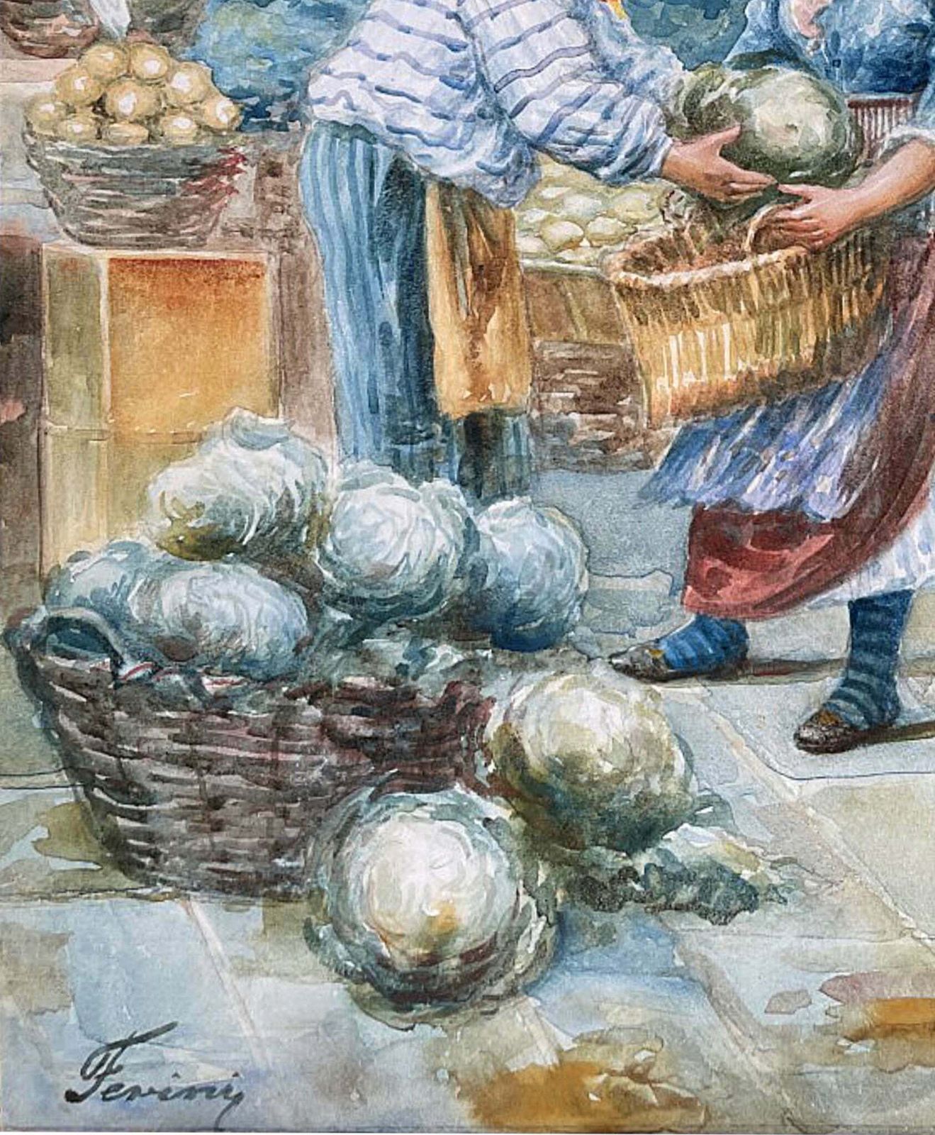 Beautiful Edwardian Italian School Watercolour   "Day At The Market photo Art