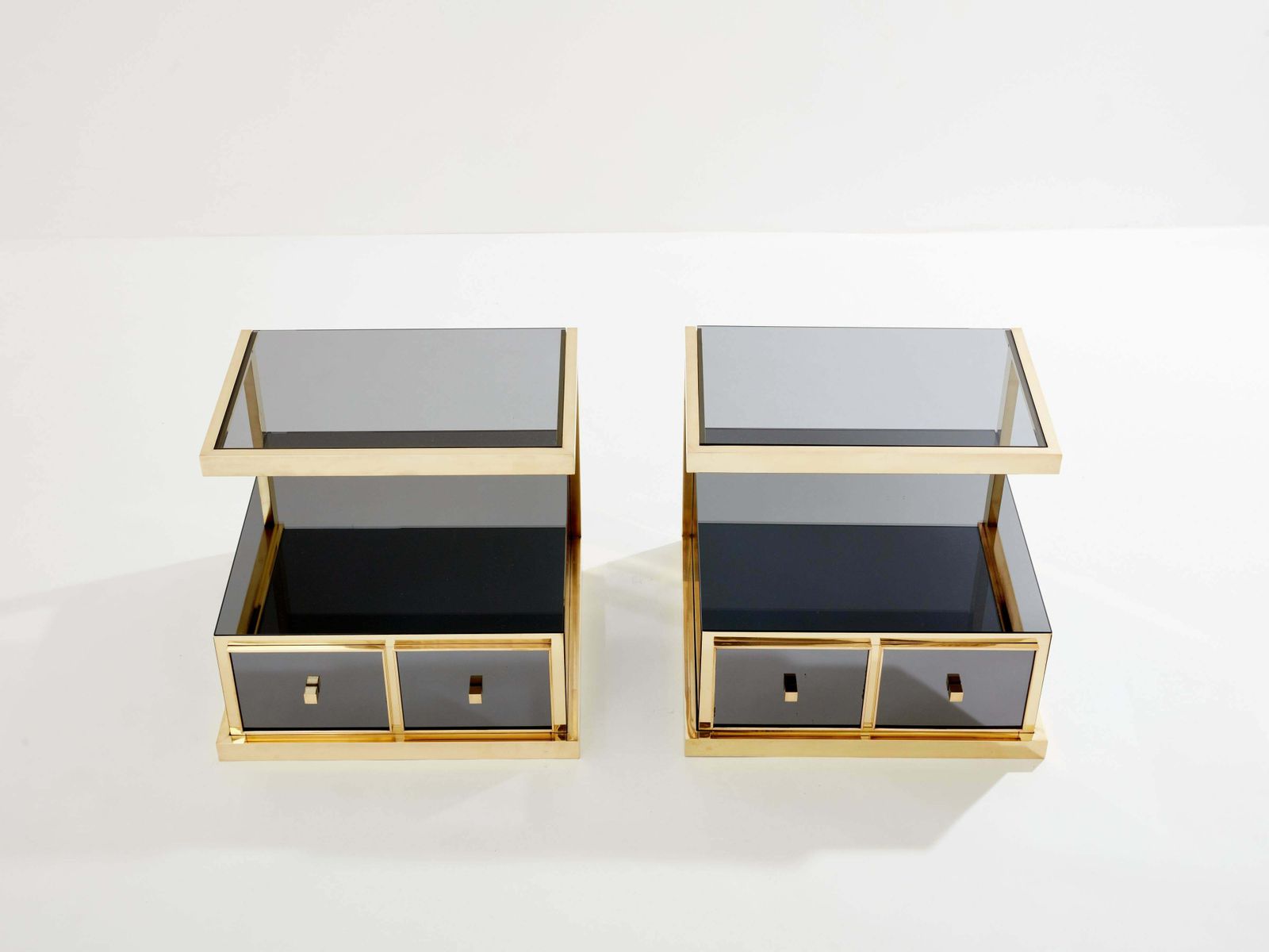 Pair Of Michel Pigneres Smoked Mirrored And Brass Side Tables 1970s photo for sale