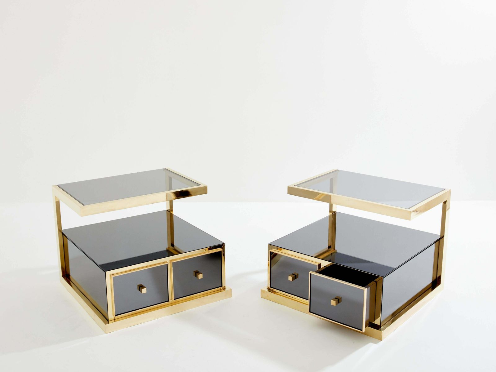 Pair Of Michel Pigneres Smoked Mirrored And Brass Side Tables 1970s photo buy