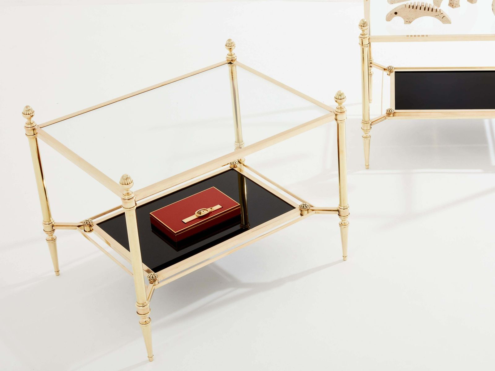 photo for sale Maison Jansen Two Tier Brass Opaline Glass End Tables 1970s