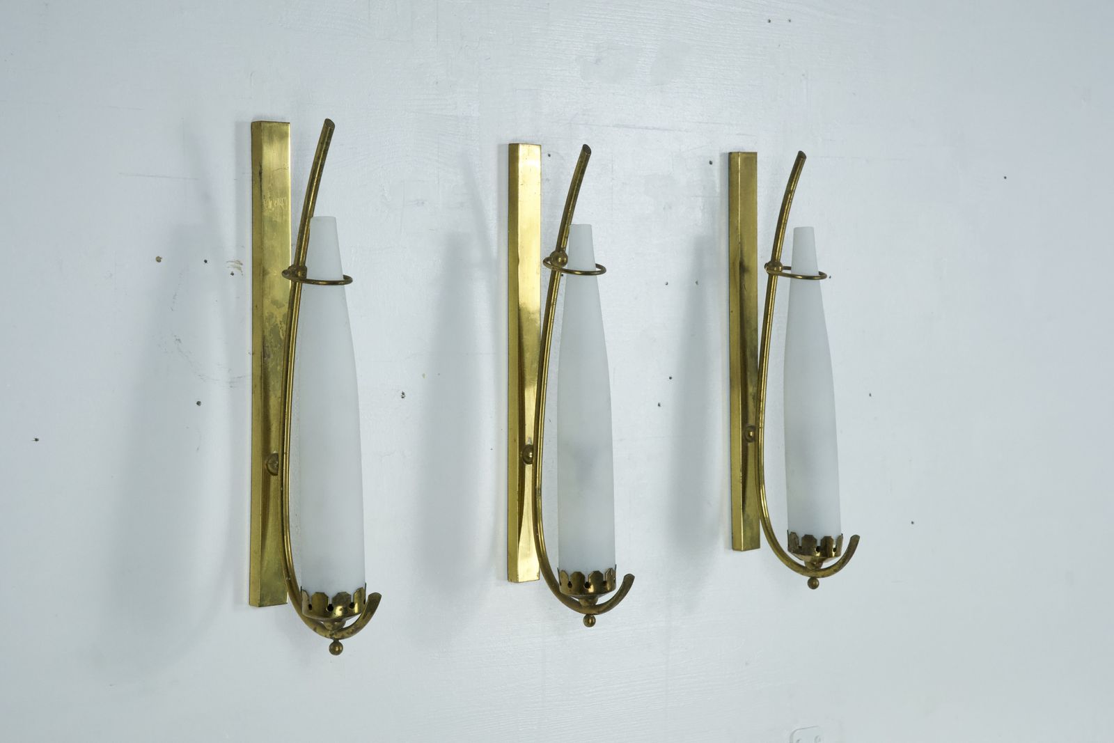 Set Of Three Sconces In Brass And Triplex Opaline Glass In Arredoluce Manner. Italy 1950s