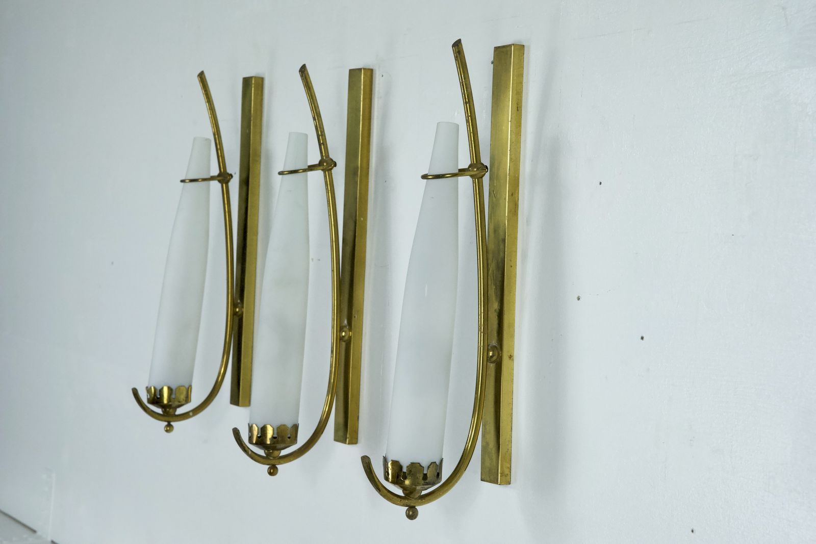 Set Of Three Sconces In Brass And Triplex Opaline Glass In Arredoluce Manner. Italy 1950s photo furniture