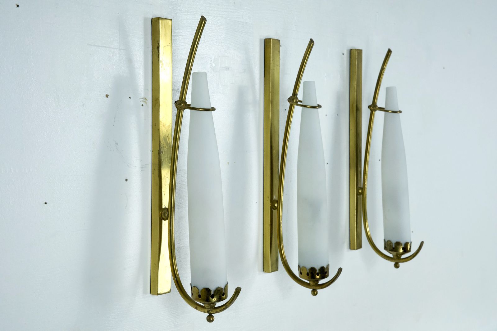 Set Of Three Sconces In Brass And Triplex Opaline Glass In Arredoluce Manner. Italy 1950s photo for sale