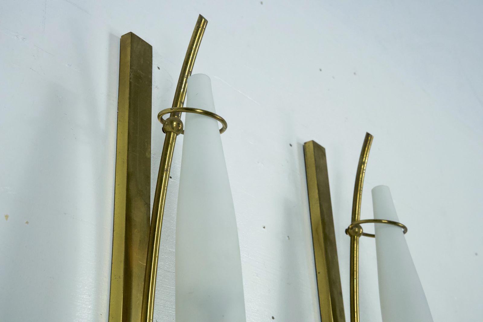 Set Of Three Sconces In Brass And Triplex Opaline Glass In Arredoluce Manner. Italy 1950s photo buy
