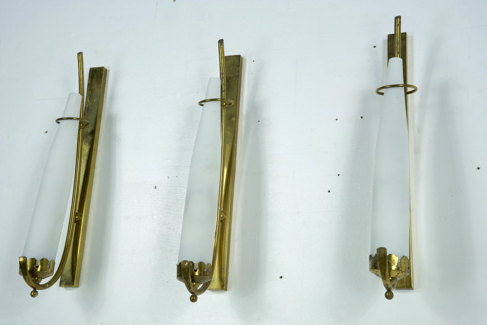 Lighting Set Of Three Sconces In Brass And Triplex Opaline Glass In Arredoluce Manner. Italy 1950s photo