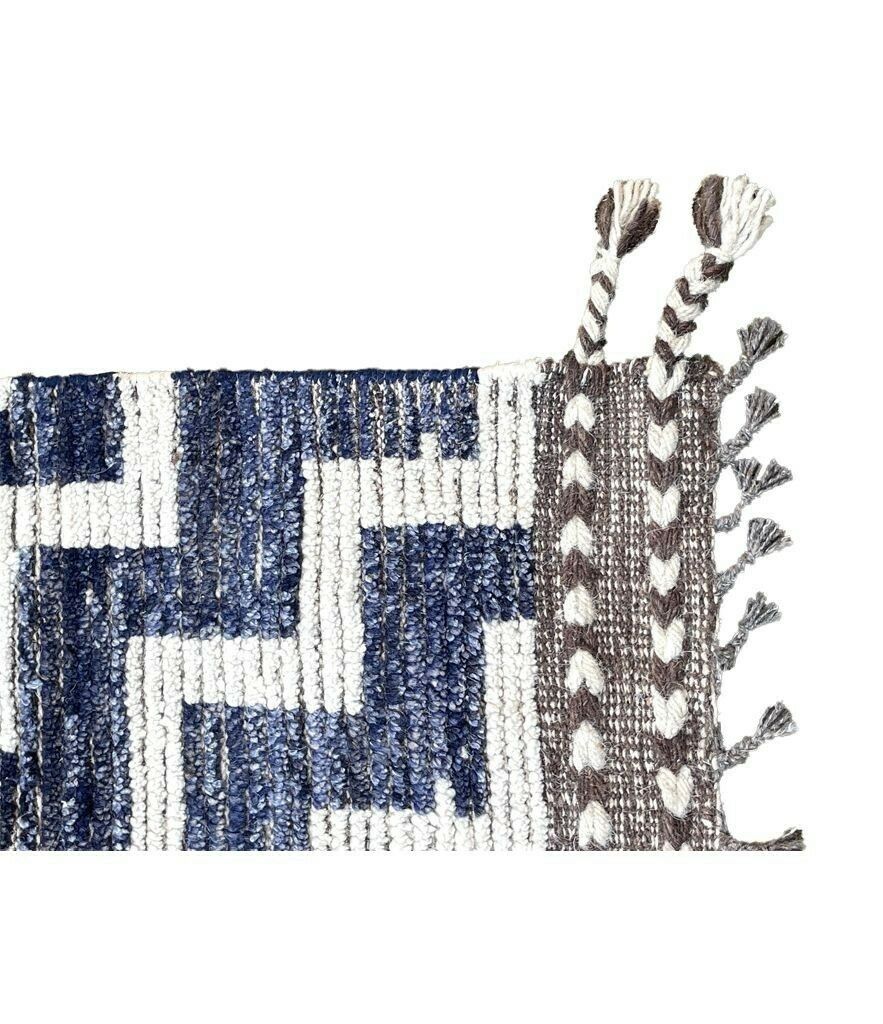 A Handmade Morrocan Beni Ourain Berber Rug With Blue And White Stepped Design. photo for sale