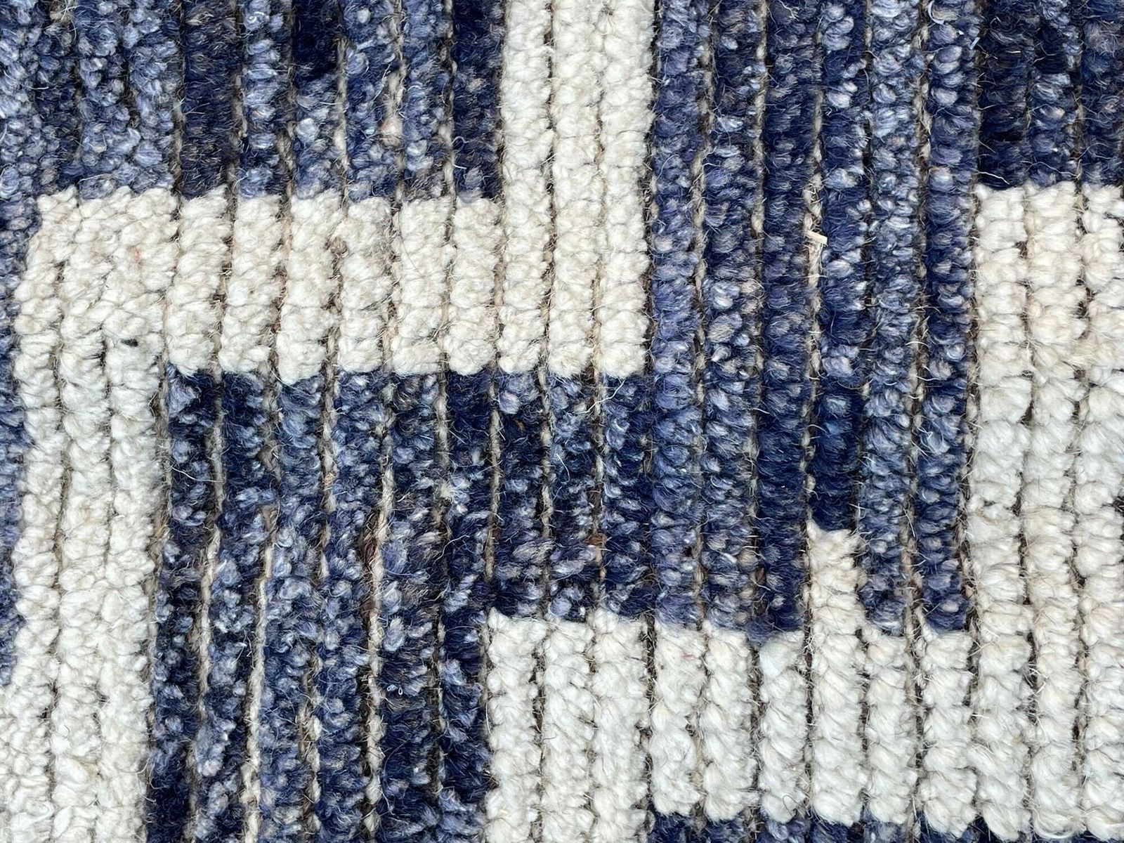 Textiles A Handmade Morrocan Beni Ourain Berber Rug With Blue And White Stepped Design. photo