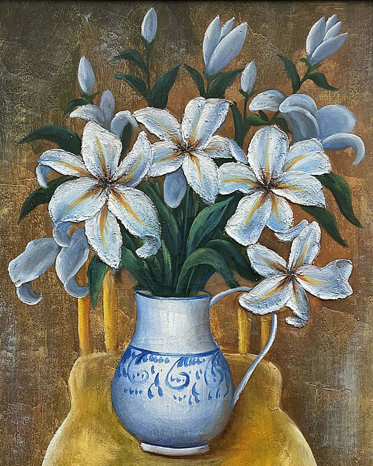Fine Vintage Mid C20th Floral Oil On Canvas   Lilies In A Blue & White Jug photo for sale