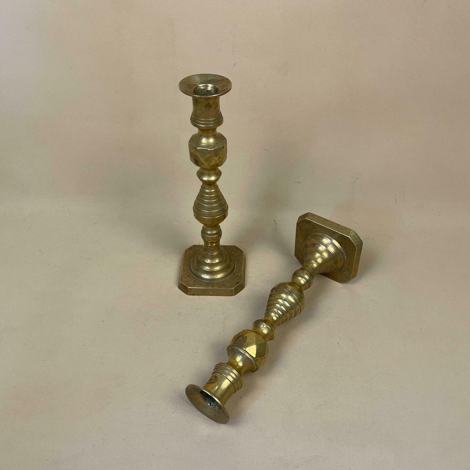 Antique Matching Pair Of Gold Brass Metal Candlestick Candle Stick Vintage Column Taper Dinner Candlesticks Square Base Column Pillar photo furniture