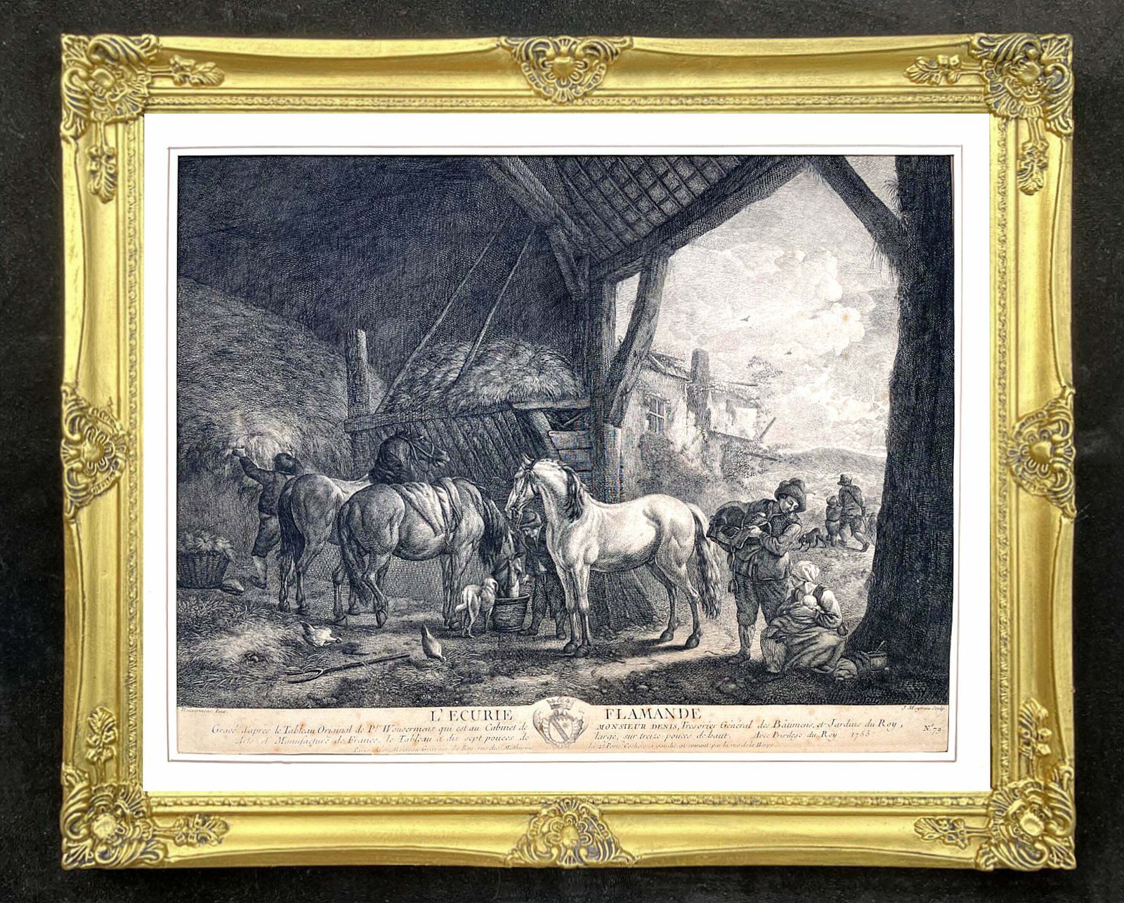 Fine Mid C18th Copper Plate Engraving "L'ecurie Flamande" By Jean Moyreau Aft. P. Wouvermans 1755