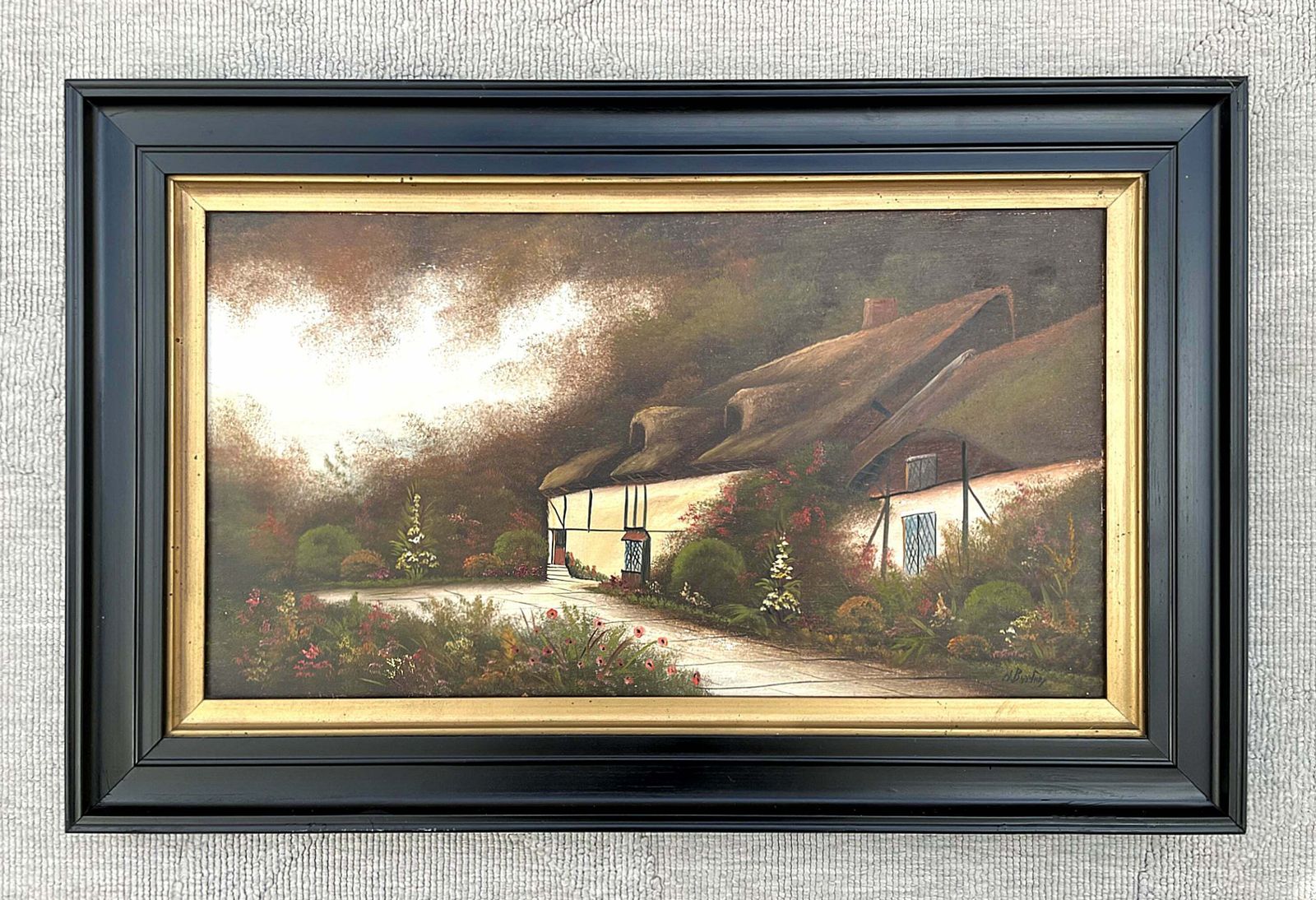 Fine Edwardian Oil On Wood Panel   Thatched Rural Cottage By Hal Burton