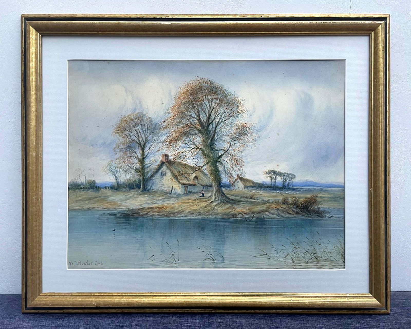 An Exquisite Early C20th Watercolour   Thatched Cottages By A River   William John Baker 1913