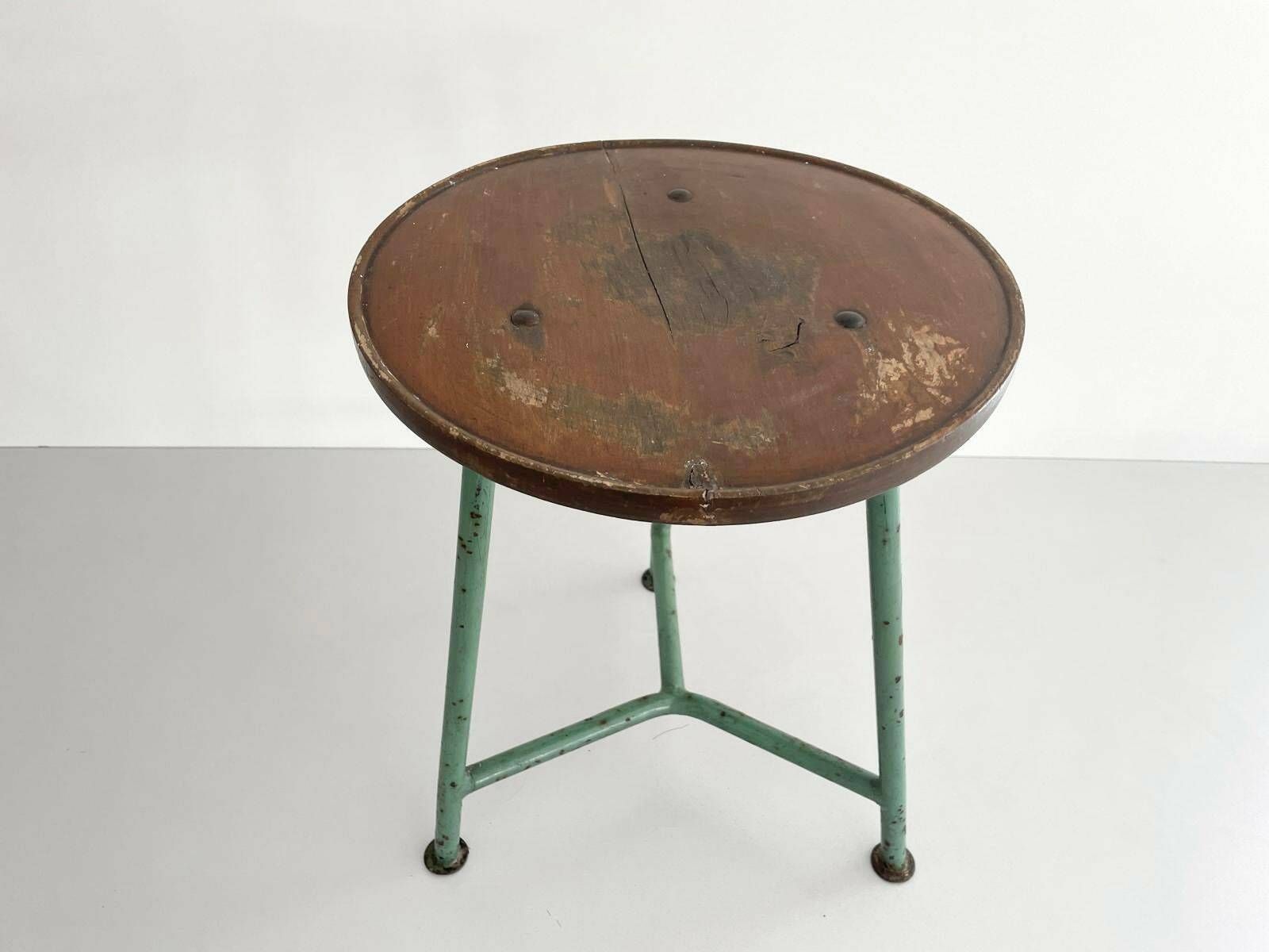Round Wood Top Industrial Stool With Green Iron Tripod Legs, Germany, 1940s photo furniture