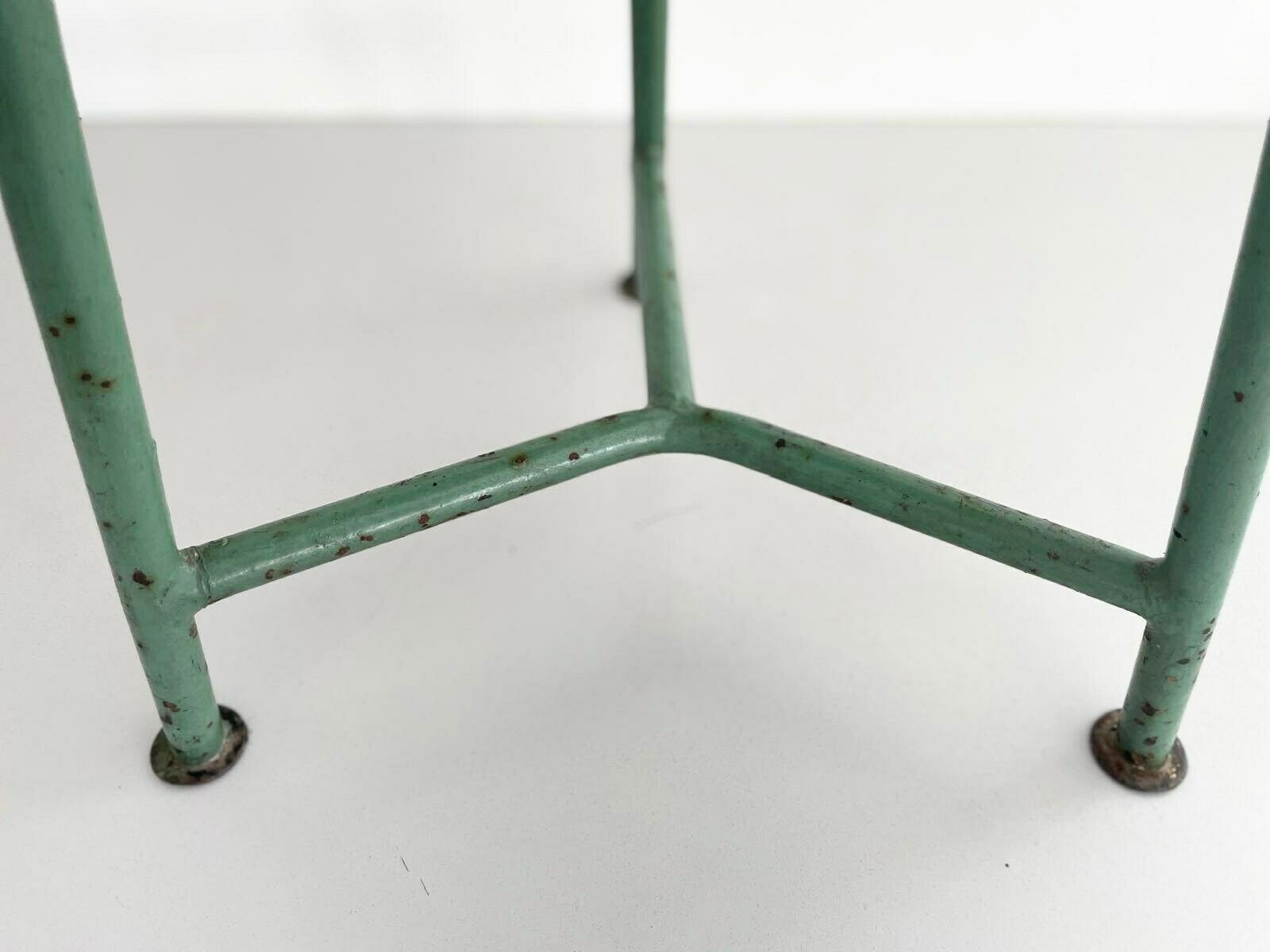 photo for sale Round Wood Top Industrial Stool With Green Iron Tripod Legs, Germany, 1940s