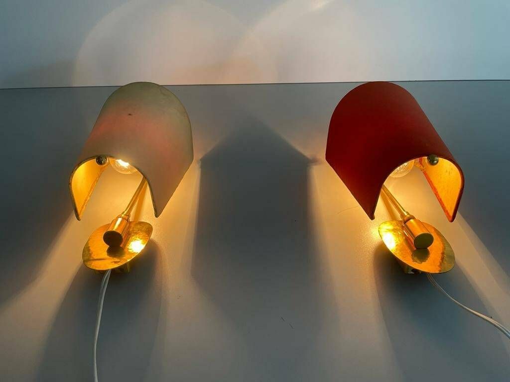 Orange And Yellow Fabric Shade Pair Of Sconces, 1950s, Germany photo Lighting