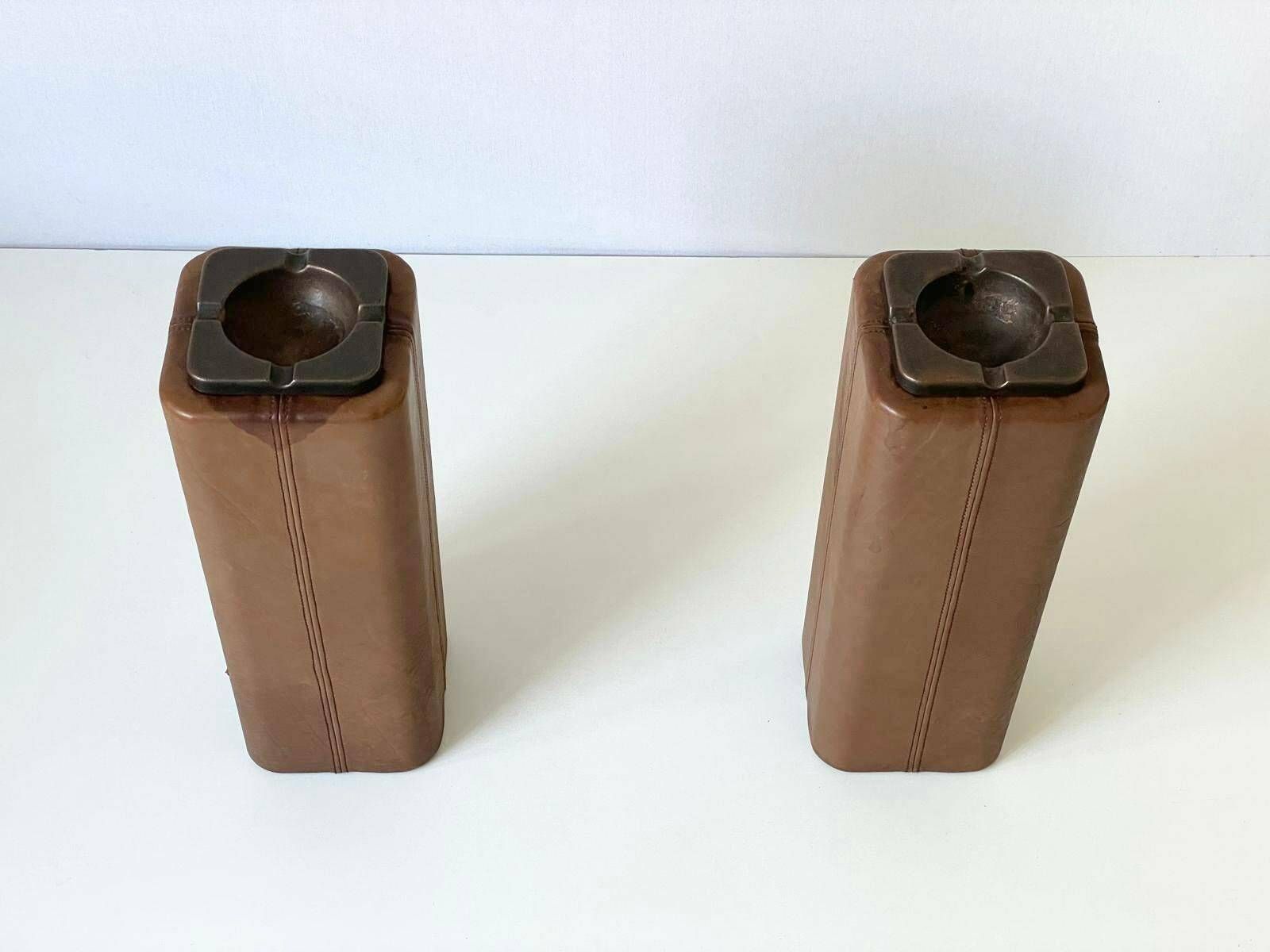 Mid Century Modern Swiss Made Lux Leather Pair Of Floor Ashtrays With Bronze Top, 1960s, Switzerland photo Home Decor