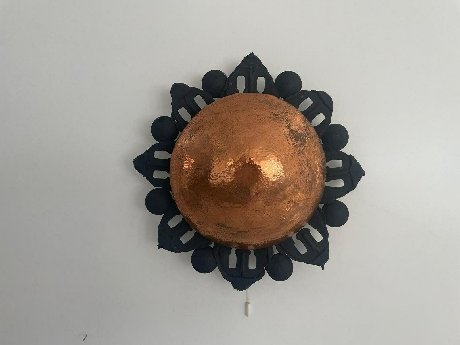 Unusual Black Metal Single Sconce With Round Copper Reflector, 60s, Germa