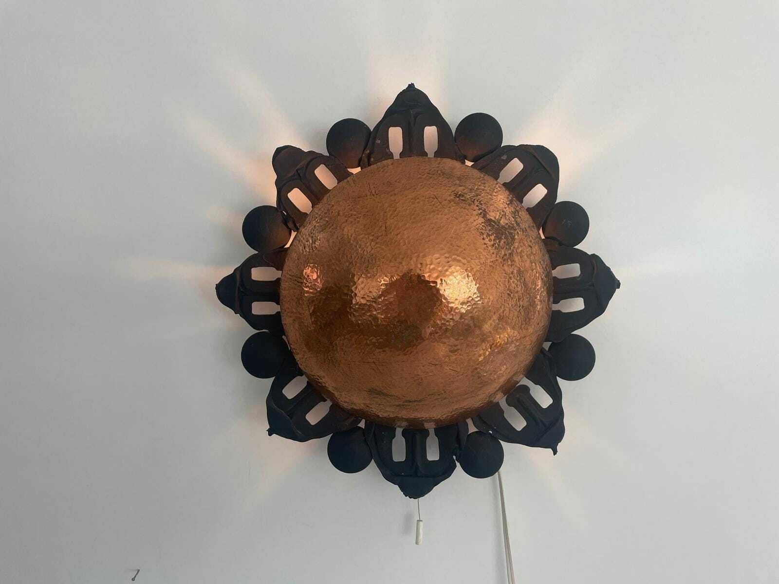 Unusual Black Metal Single Sconce With Round Copper Reflector, 60s, Germa photo furniture