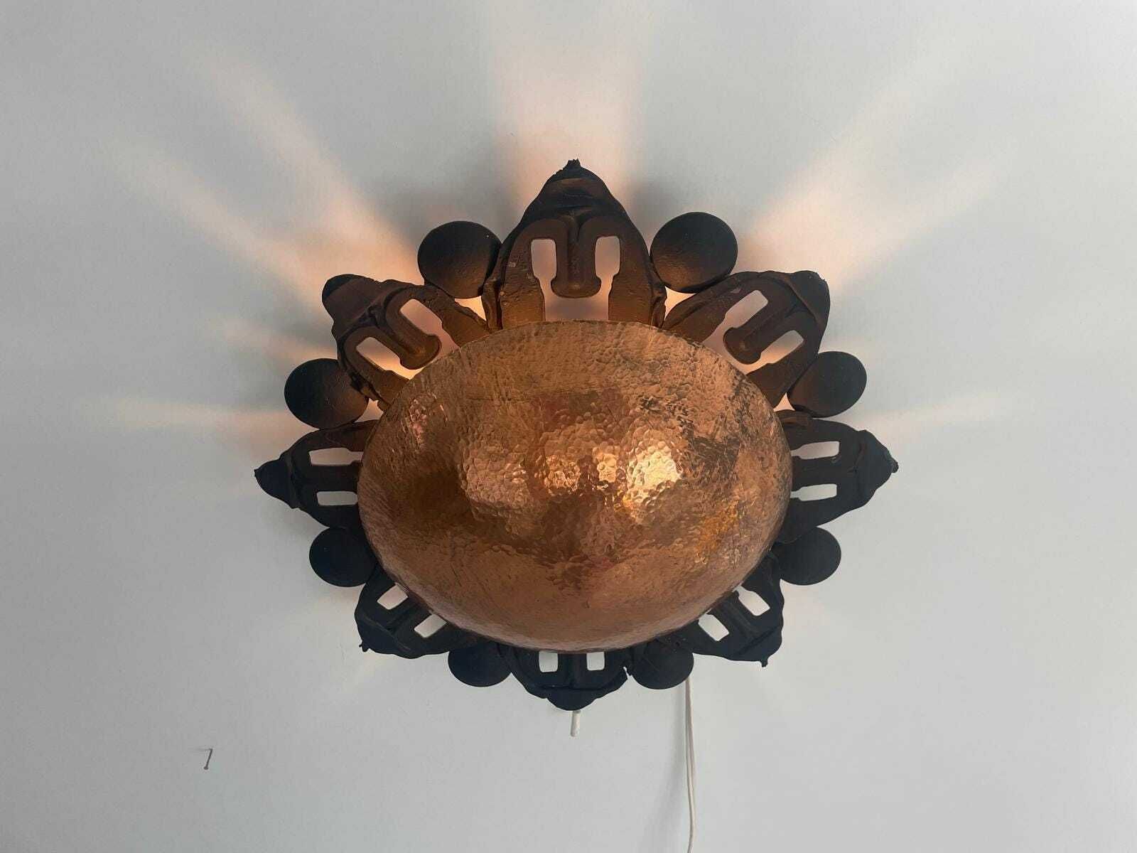 Unusual Black Metal Single Sconce With Round Copper Reflector, 60s, Germa photo vinterior