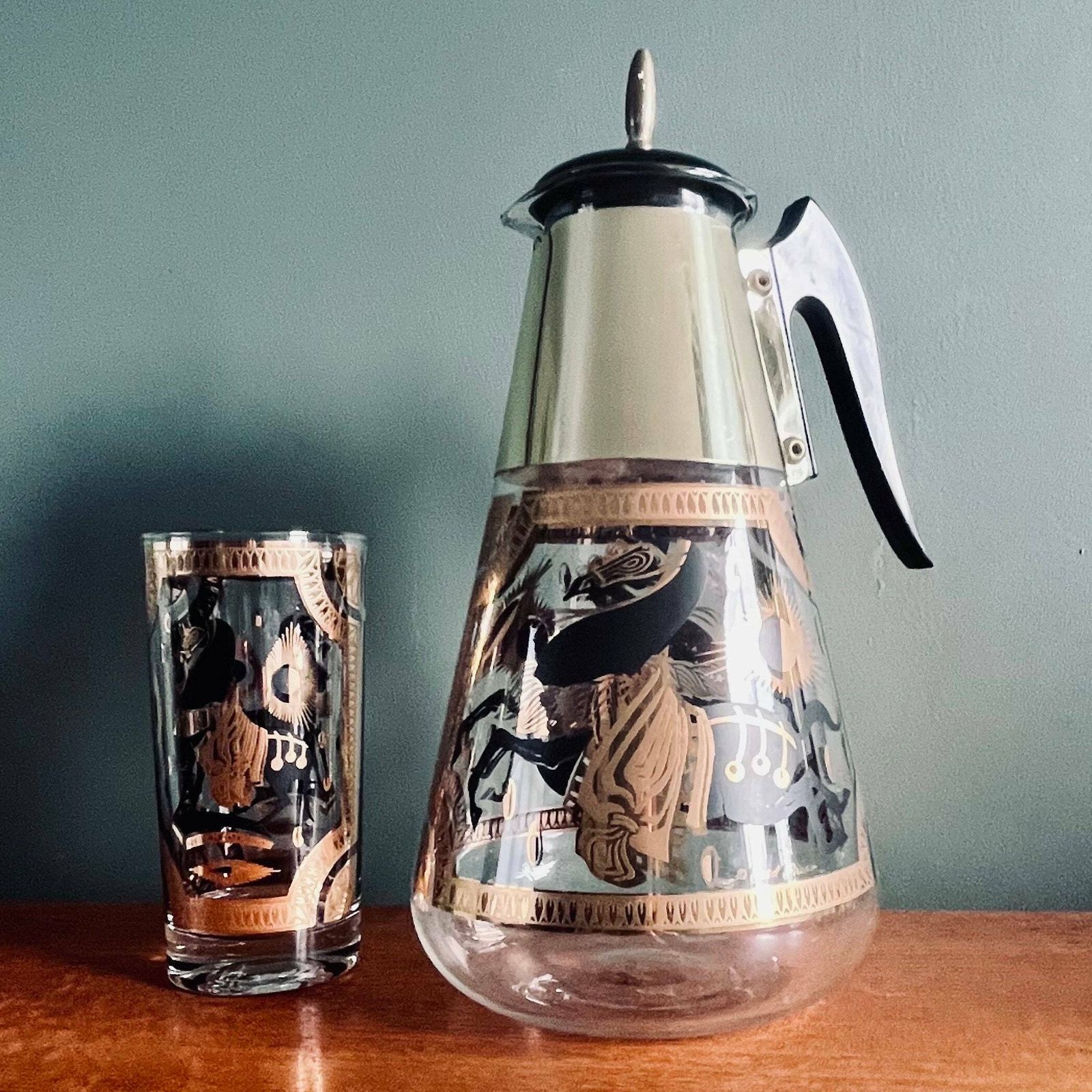 Midcentury Fred Press T'ang Horse Black And Gold Carafe & 4 Glasses. Carafe And 4 Glasses.Midcentury Barware. Retro Bar. photo furniture