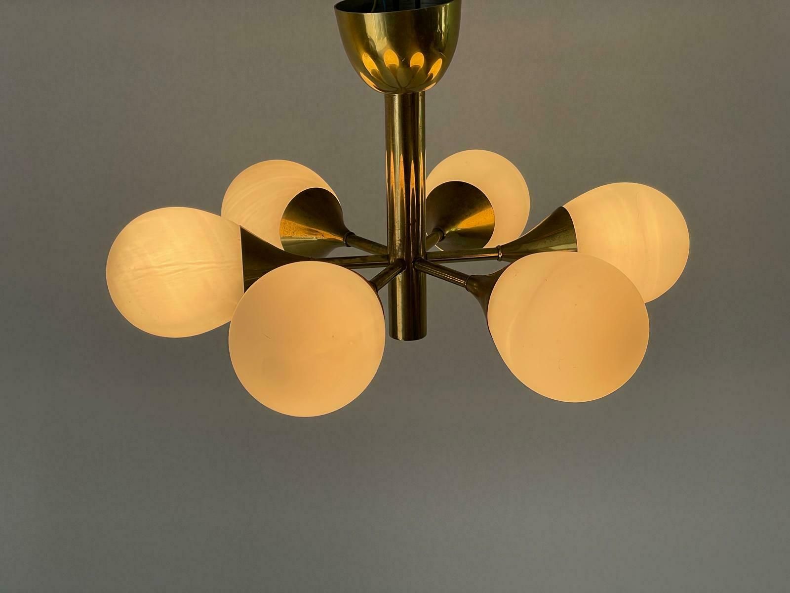 Space Age Glass And Brass 6 Armed Chandelier By Kaiser Leuchten, 1970s, Germany photo furniture