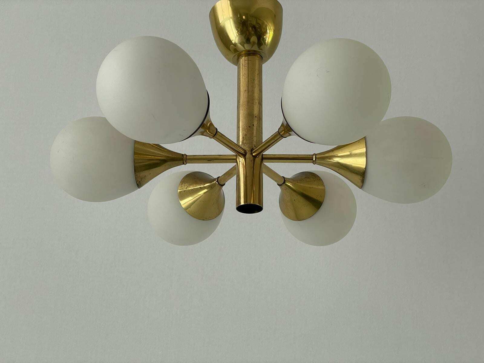 Space Age Glass And Brass 6 Armed Chandelier By Kaiser Leuchten, 1970s, Germany photo for sale