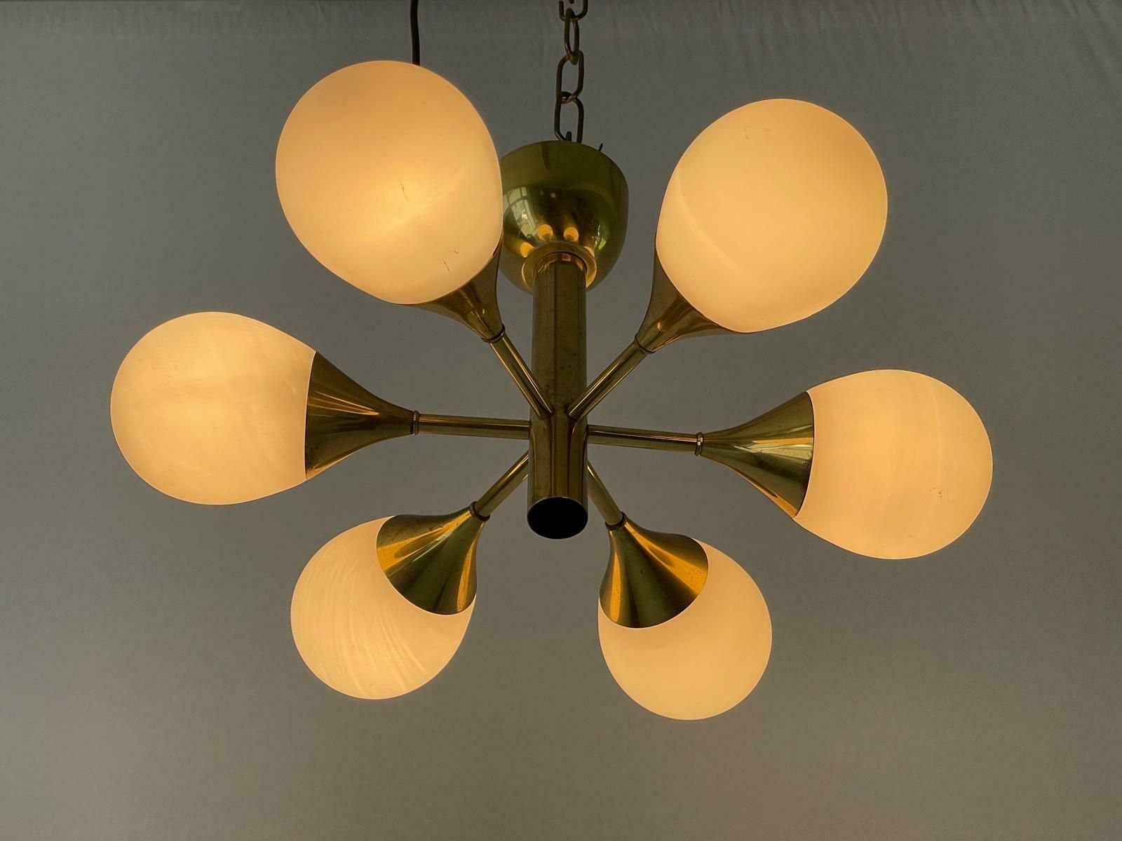 Space Age Glass And Brass 6 Armed Chandelier By Kaiser Leuchten, 1970s, Germany photo Lighting
