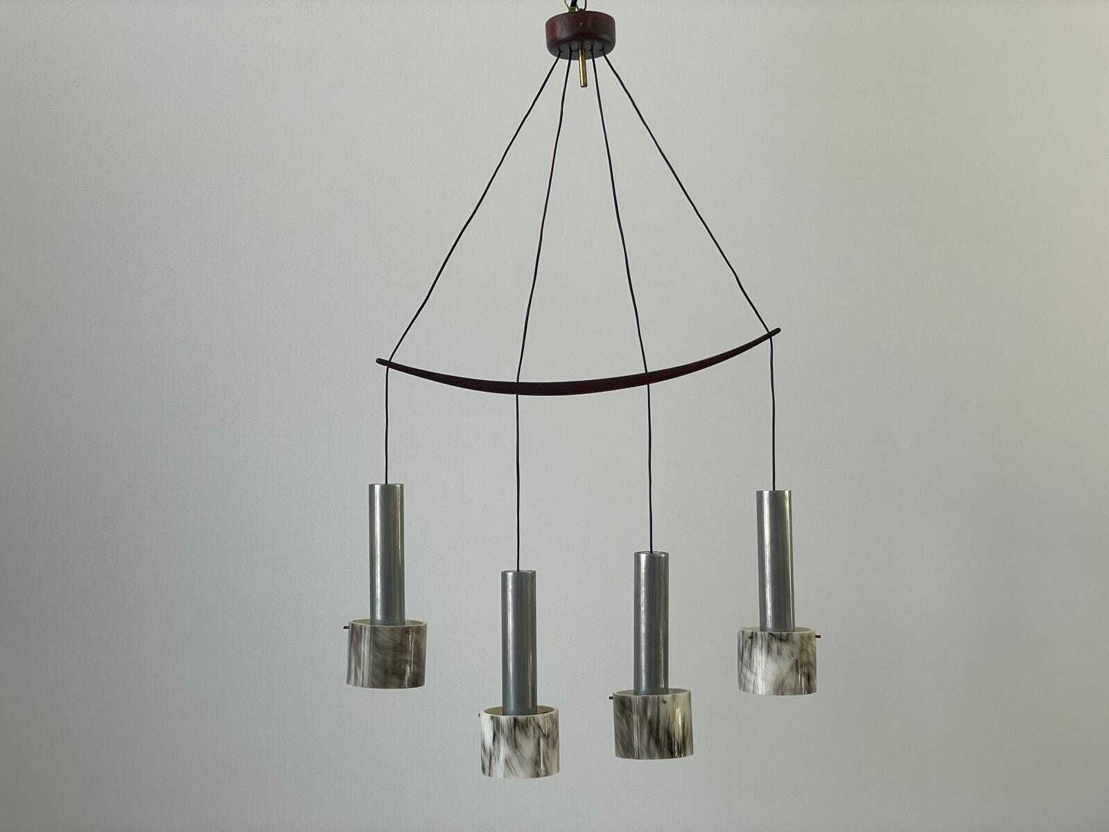 Italian Rare Plexiglass And Metal Four Shade Chandelier With Teak Details, 1960s, Italy photo for sale