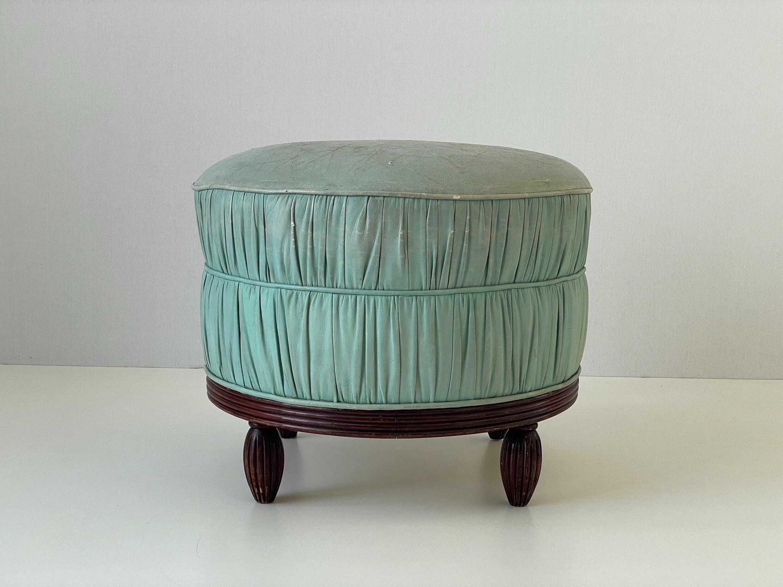 Italian Turkois Worn Leather Round Pouf With Wood Base, 1960s, Italy photo for sale