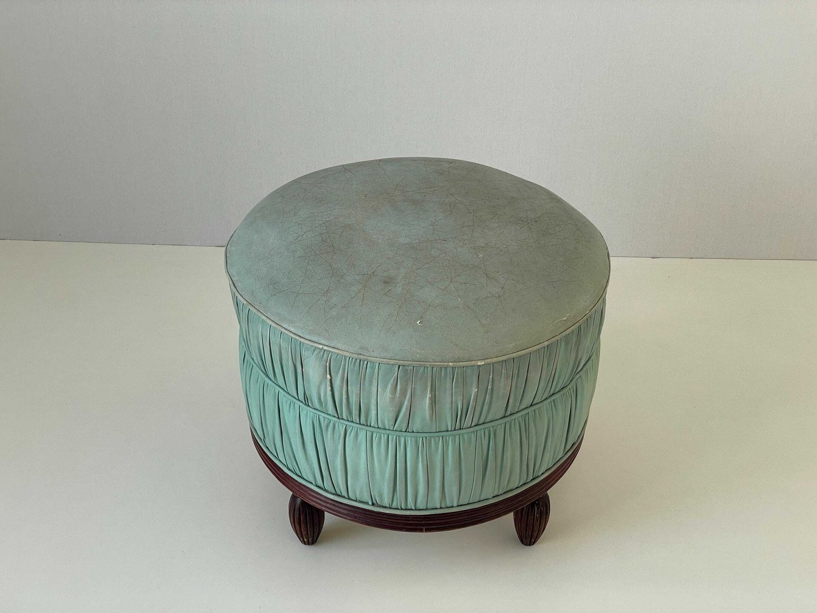 Italian Turkois Worn Leather Round Pouf With Wood Base, 1960s, Italy photo Furniture