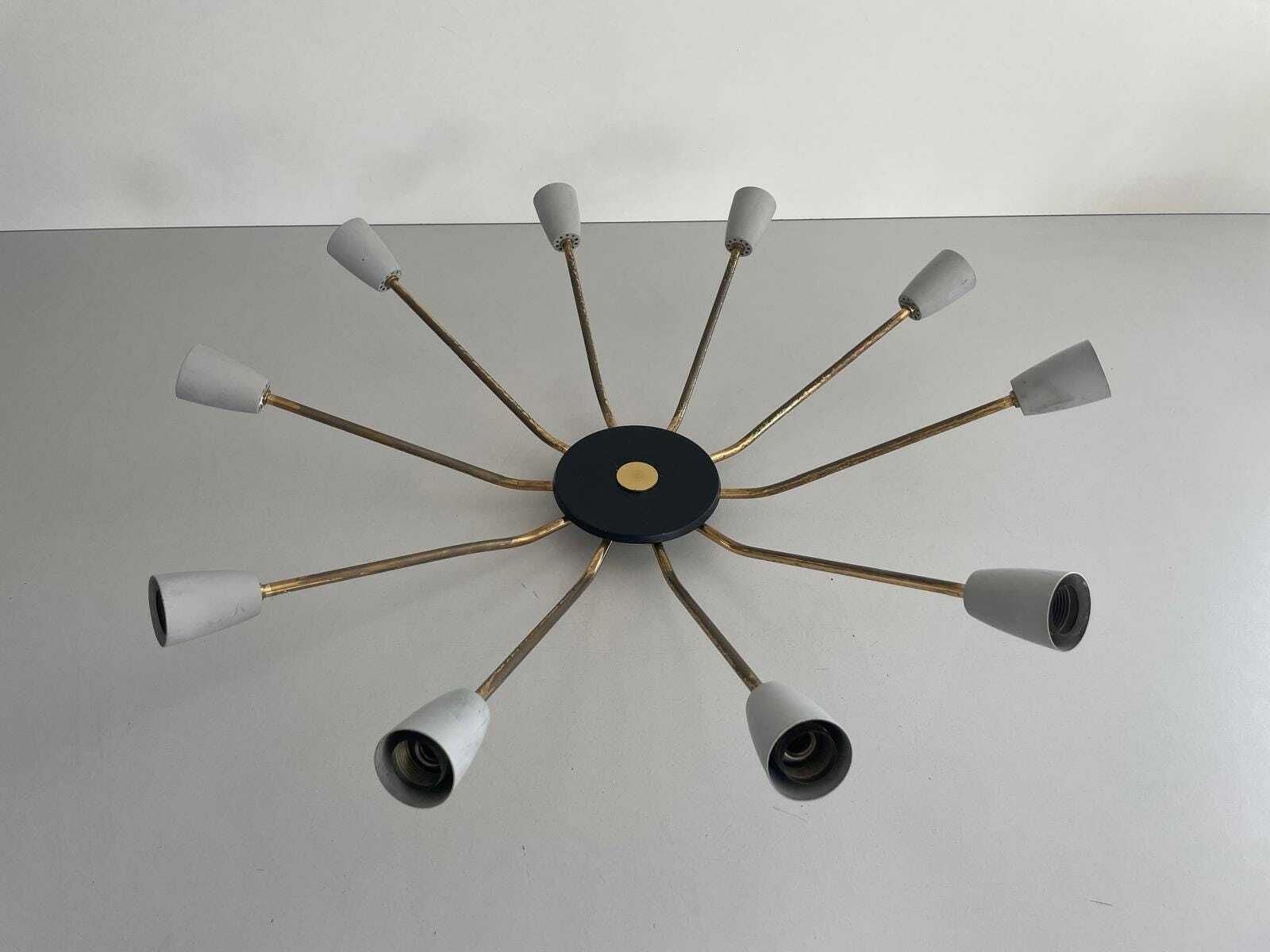 Mid Century Gray Metal And Brass Body 10 Armed Sputnik Ceiling Lamp, 1950s, Germany