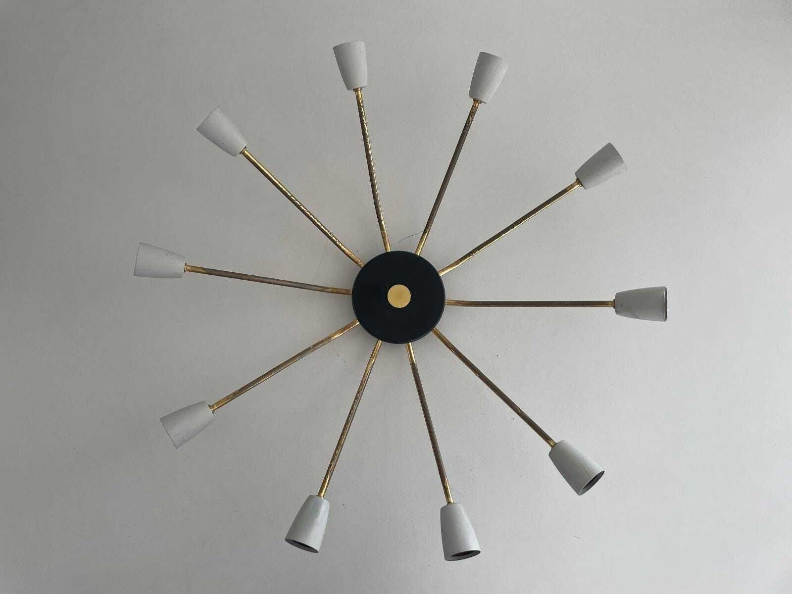 Mid Century Gray Metal And Brass Body 10 Armed Sputnik Ceiling Lamp, 1950s, Germany photo for sale