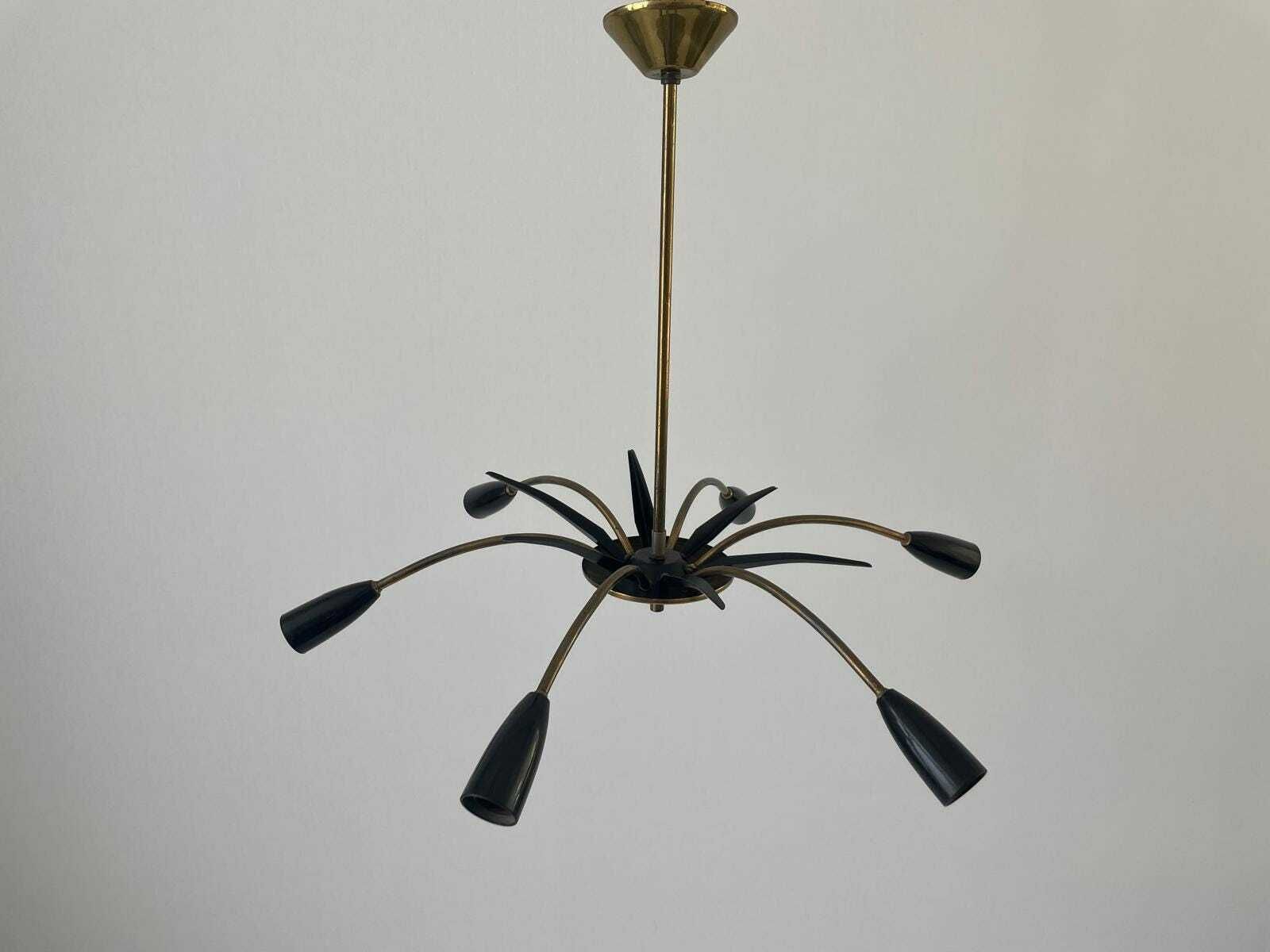 Black Metal & 6 Armed Brass Body Sputnik Ceiling Lamp, 1950s, Germany photo for sale
