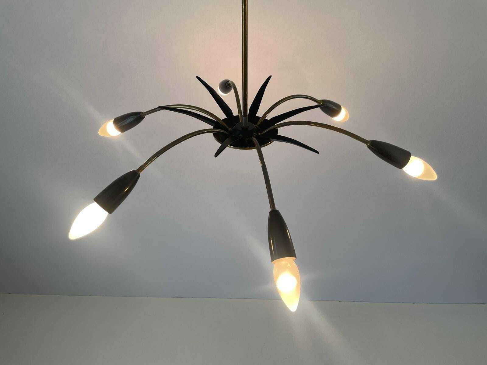Black Metal & 6 Armed Brass Body Sputnik Ceiling Lamp, 1950s, Germany photo buy