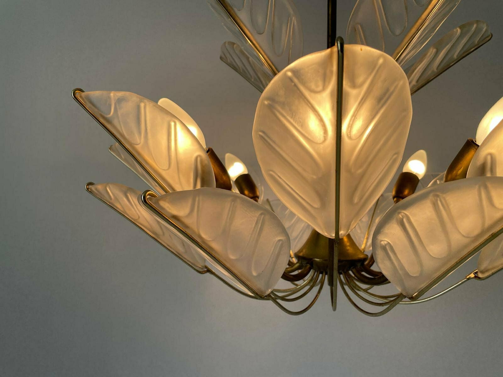 photo furniture Luxurious 8 Armed Brass Chandelier With Crystal Glass Leaves, Germany, 1960s