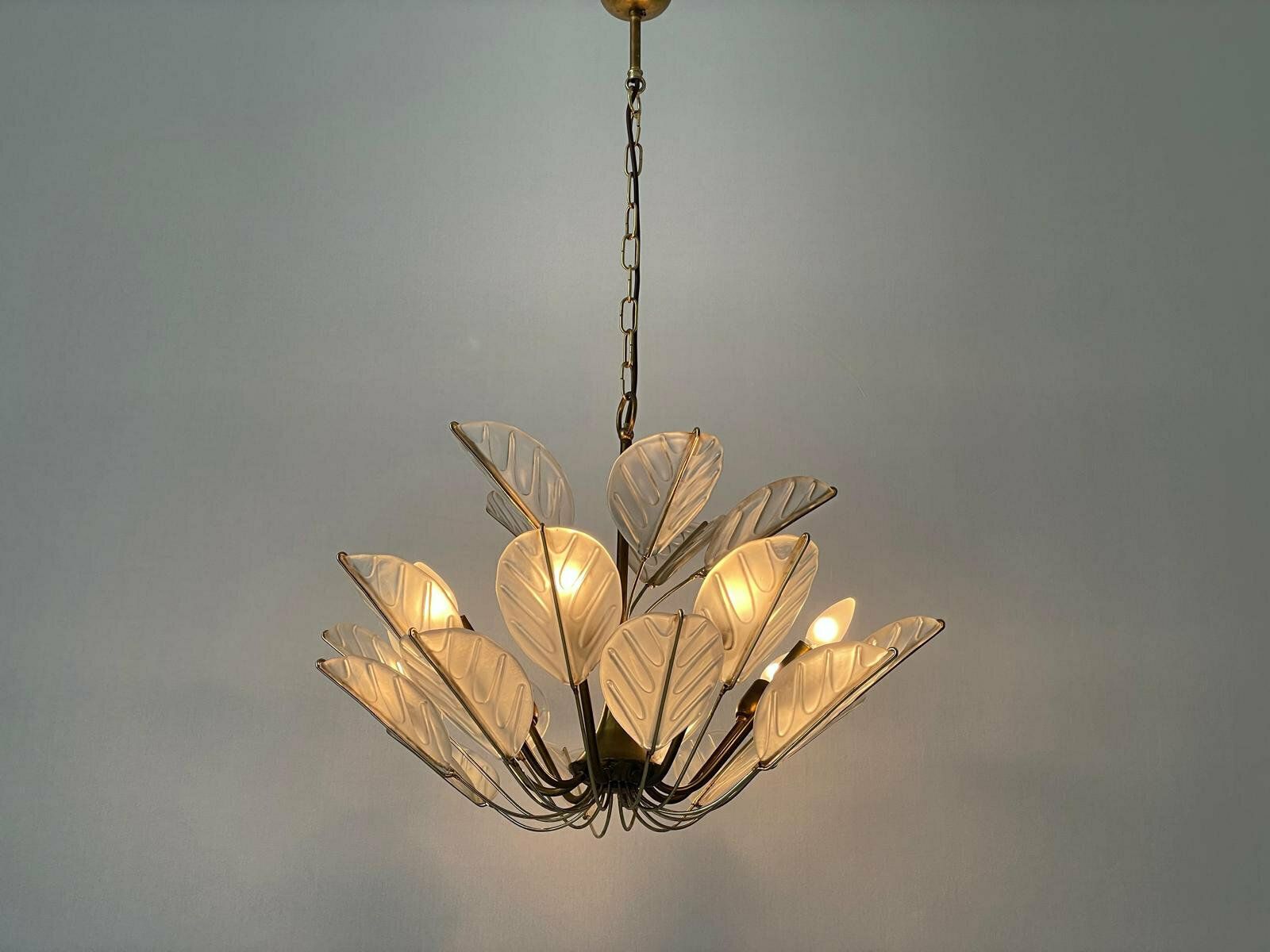 photo for sale Luxurious 8 Armed Brass Chandelier With Crystal Glass Leaves, Germany, 1960s