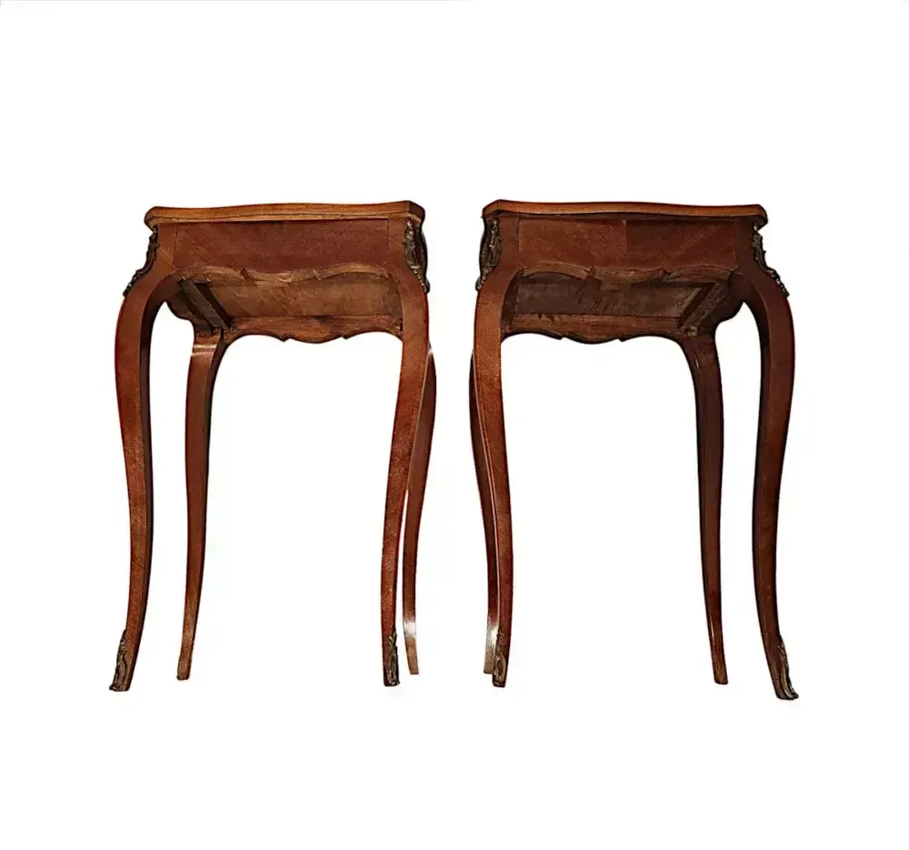 A Fabulous Pair Of Early 20th Century Ormolu Mounted Side Tables With Parquetry Detail photo vintage