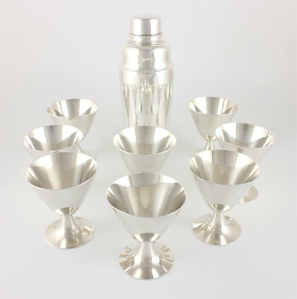 Christofle Silver Plate Art Deco Cocktail Shaker & 8 Goblet Glasses Set.