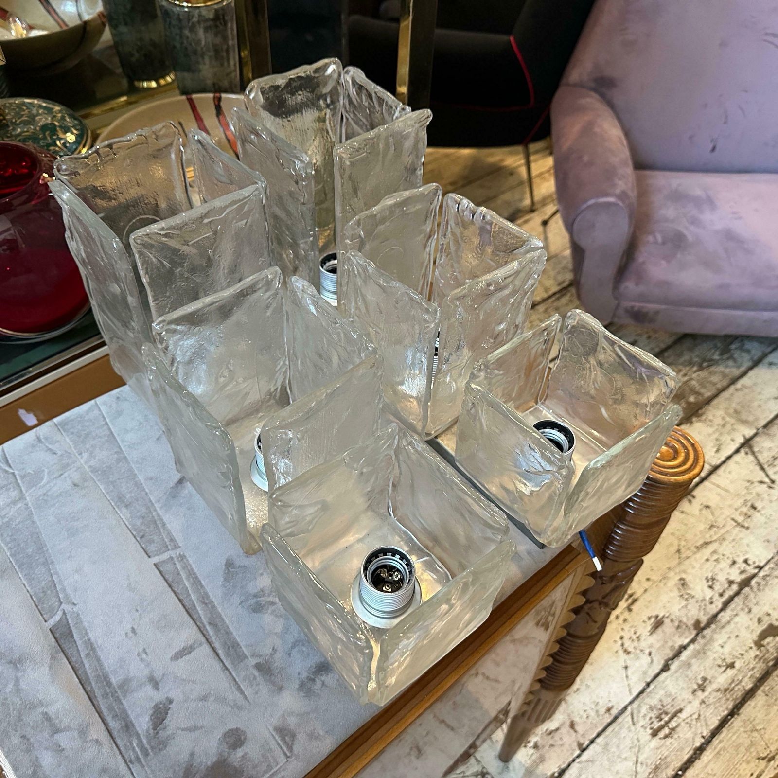 Lighting 1970s Space Age Iced Murano Glass And Steel Lighting Fixtures By Toso photo