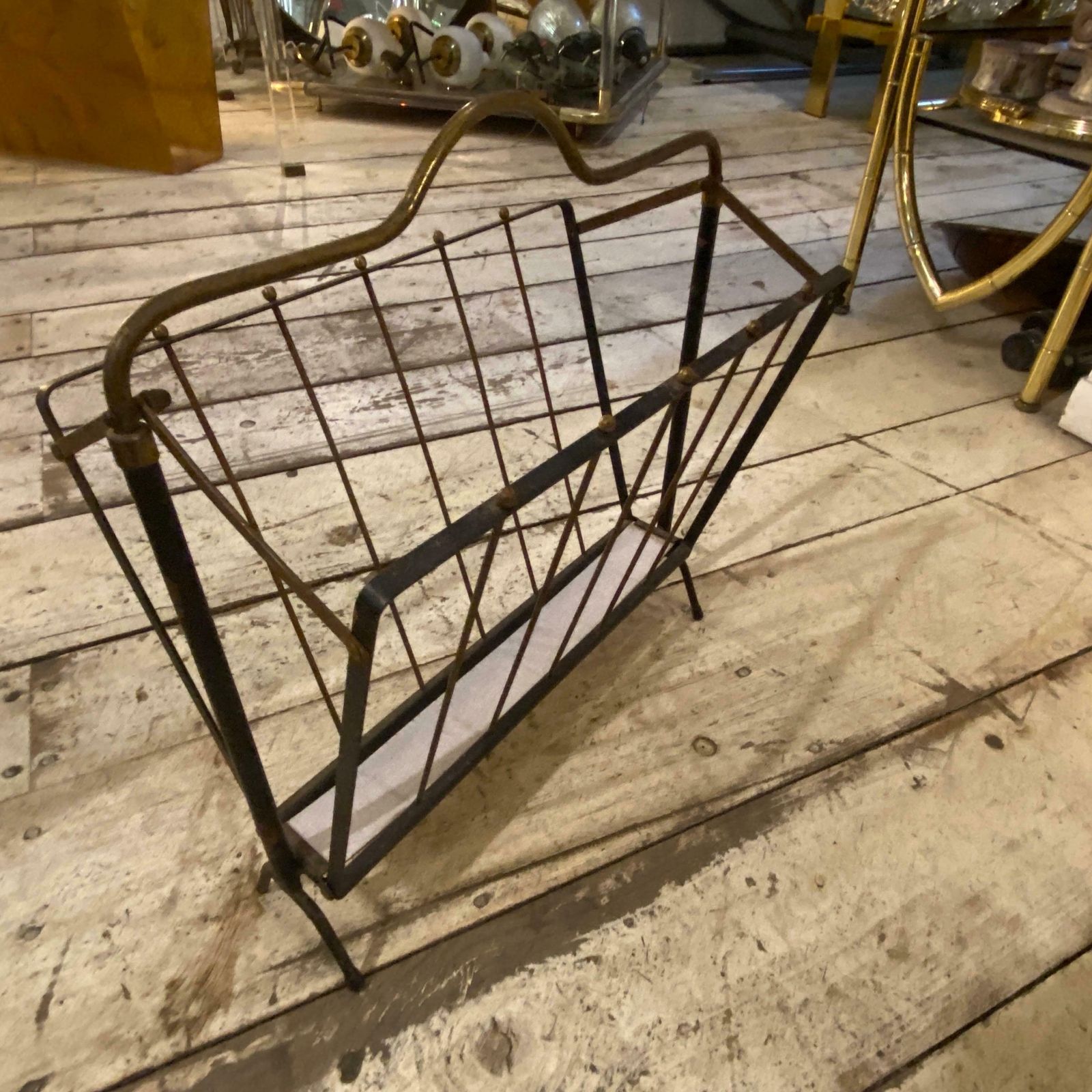 1950s Mid Century Modern Black Painted Iron And Brass Italian Magazine Rack photo furniture